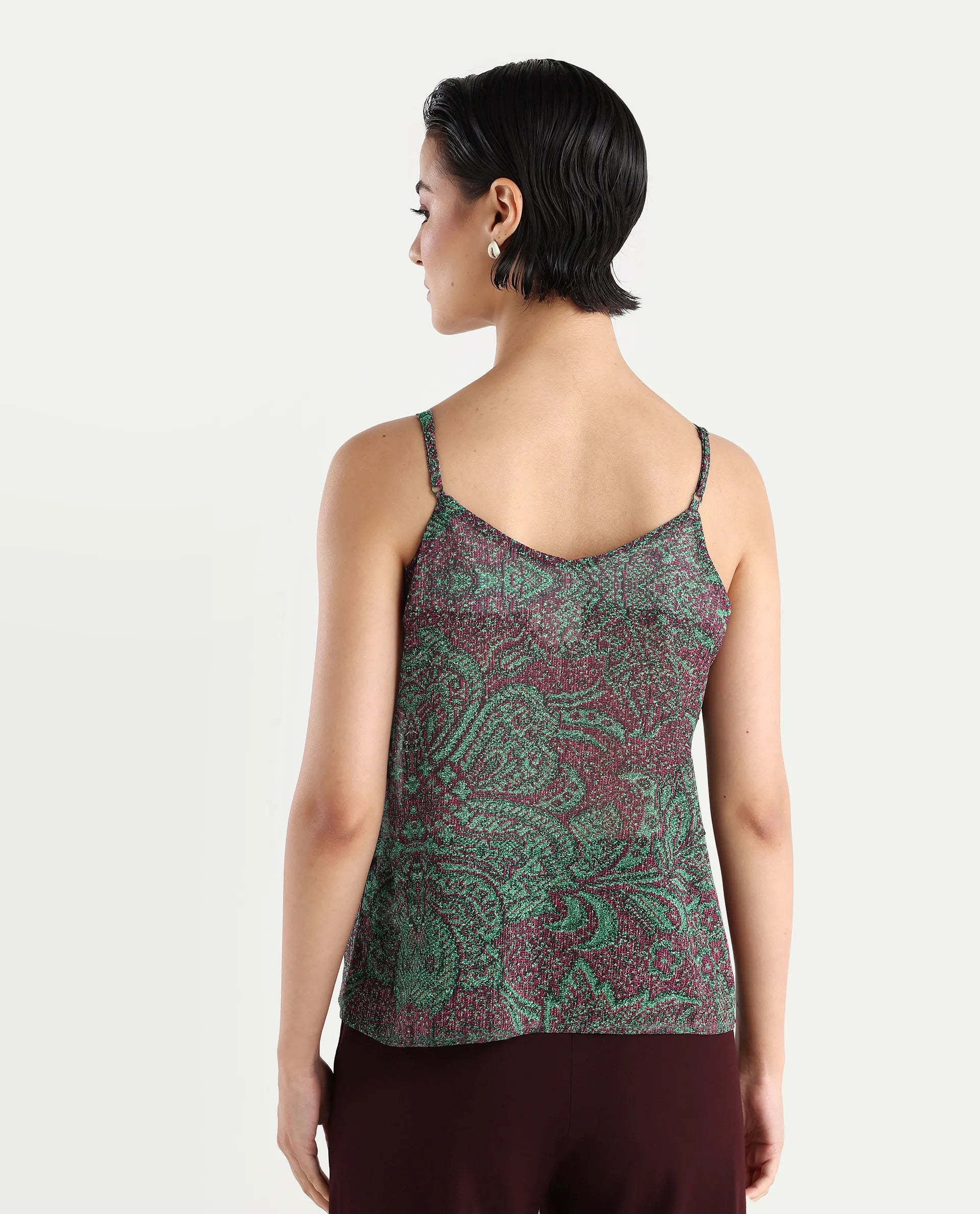 Rareism Women's Difi Dark Maroon Polyester V-Neck Abstract Print Sleeveless Regular Fit Top