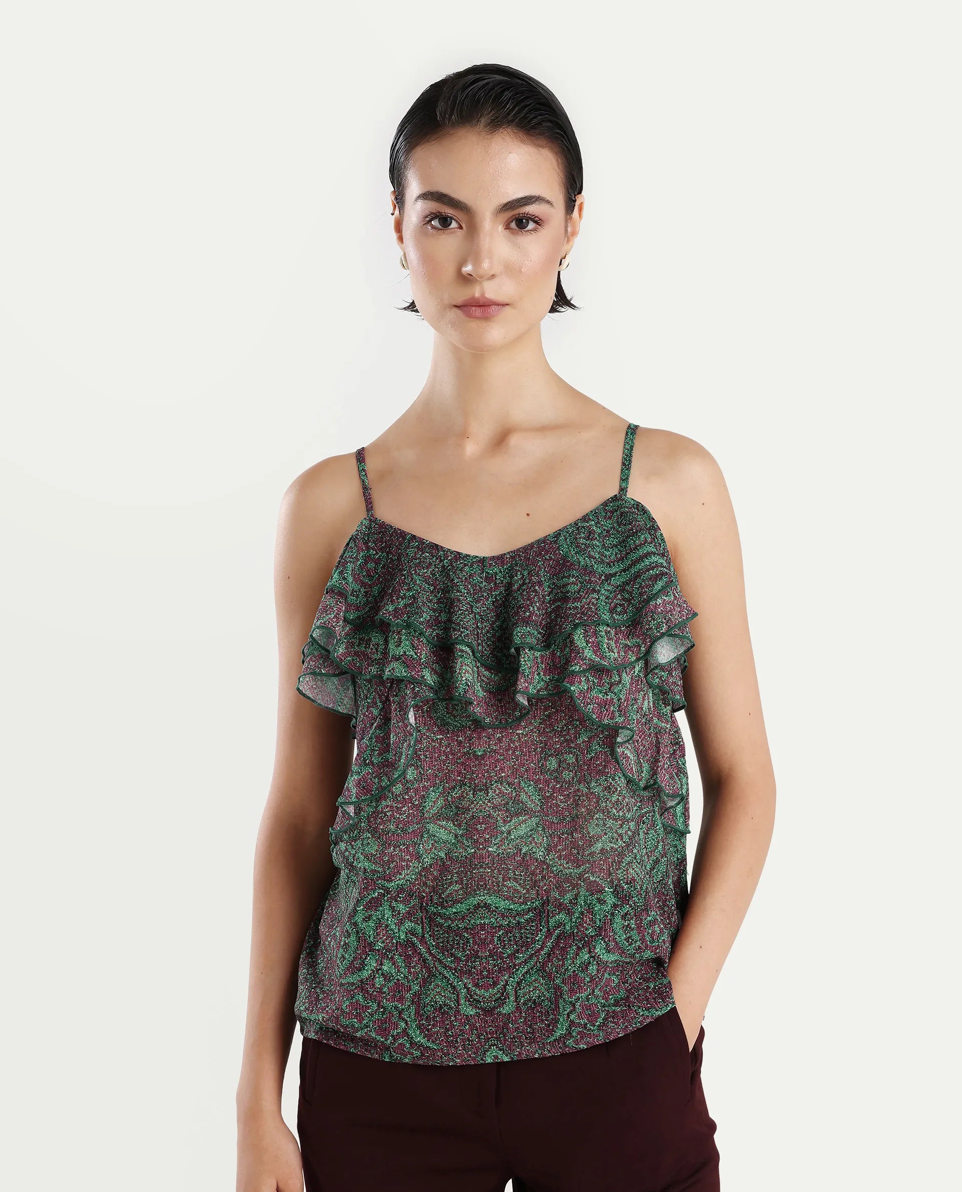 Rareism Women's Difi Dark Maroon Polyester V-Neck Abstract Print Sleeveless Regular Fit Top