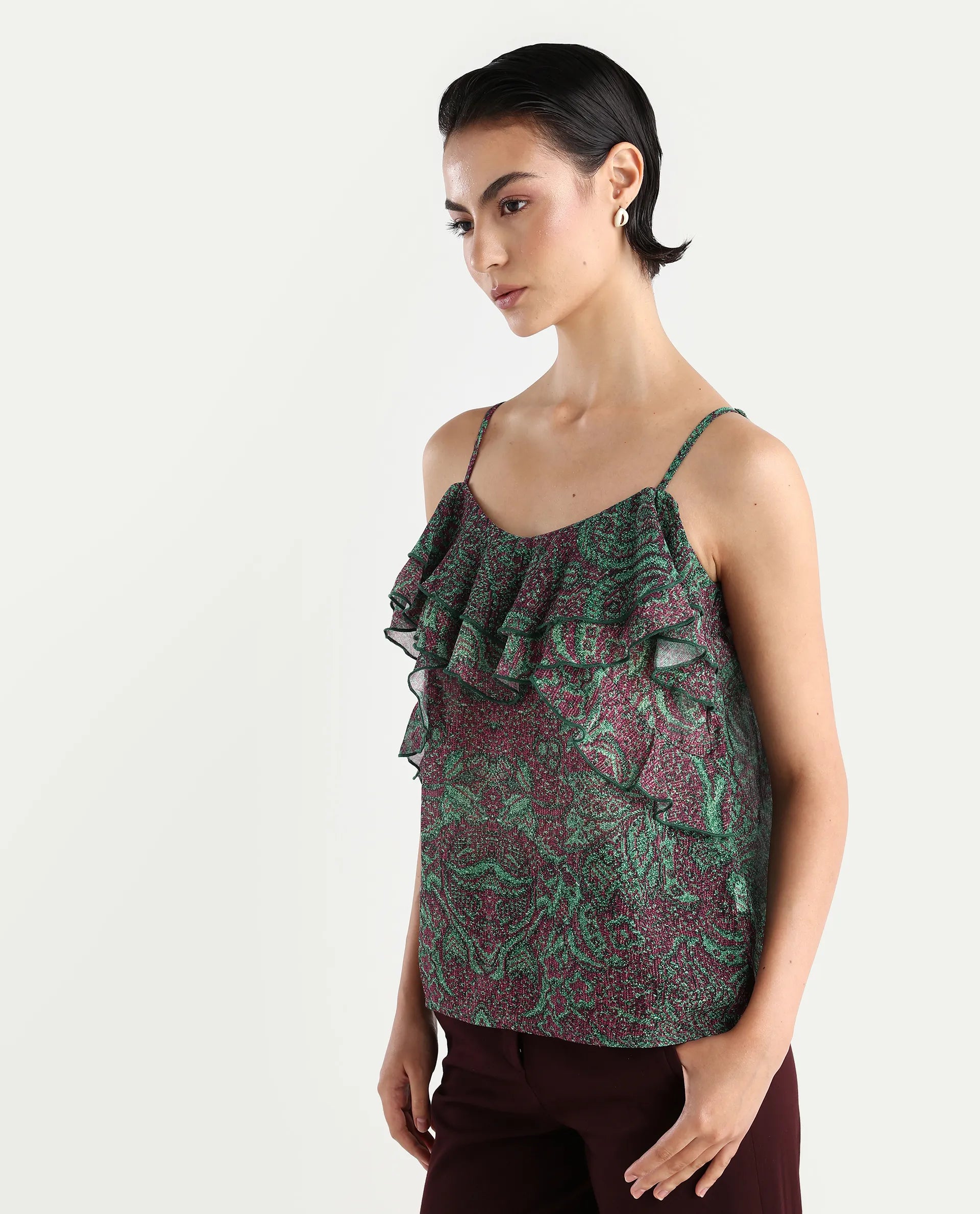 Rareism Women's Difi Dark Maroon Polyester V-Neck Abstract Print Sleeveless Regular Fit Top