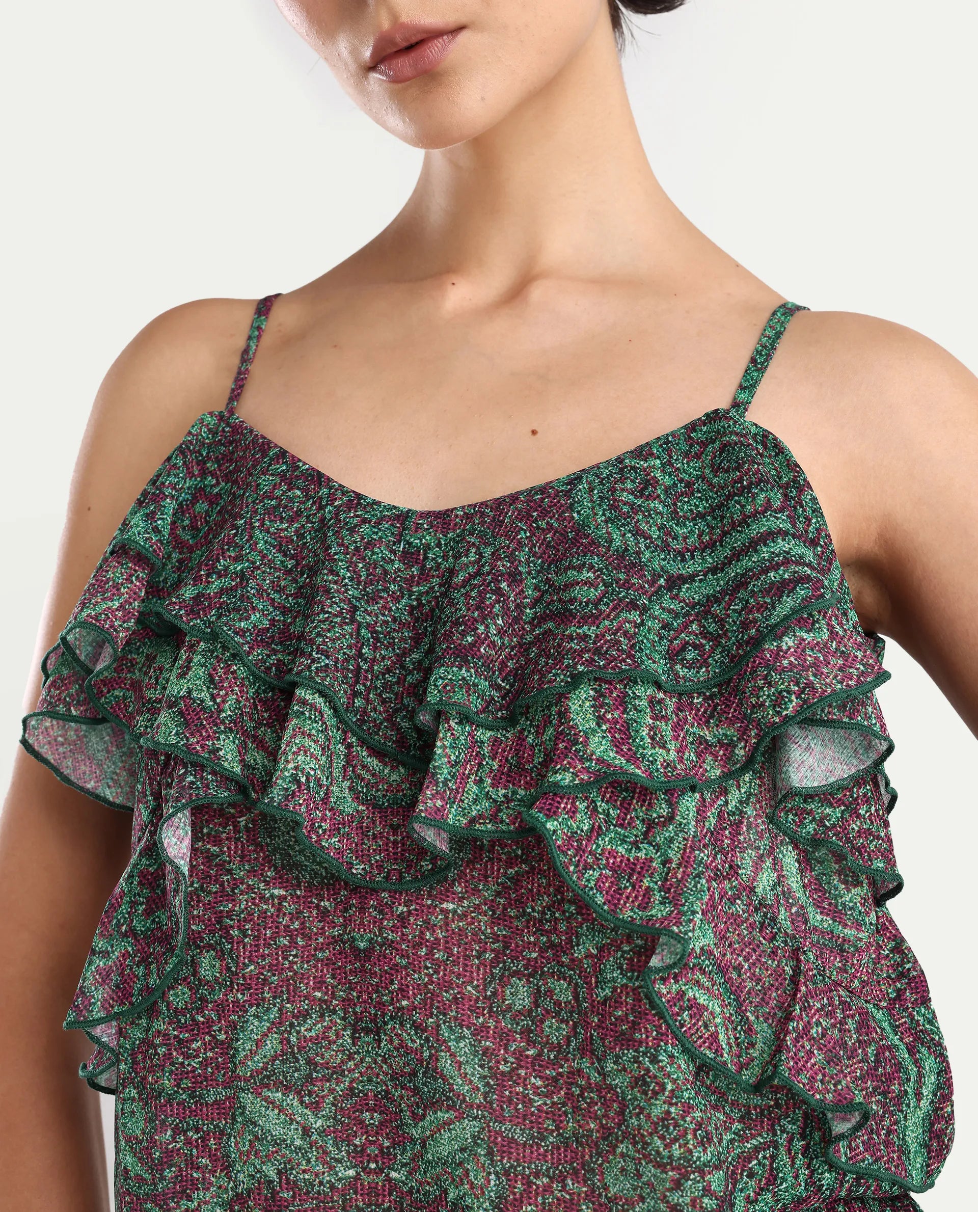 Rareism Women's Difi Dark Maroon Polyester V-Neck Abstract Print Sleeveless Regular Fit Top