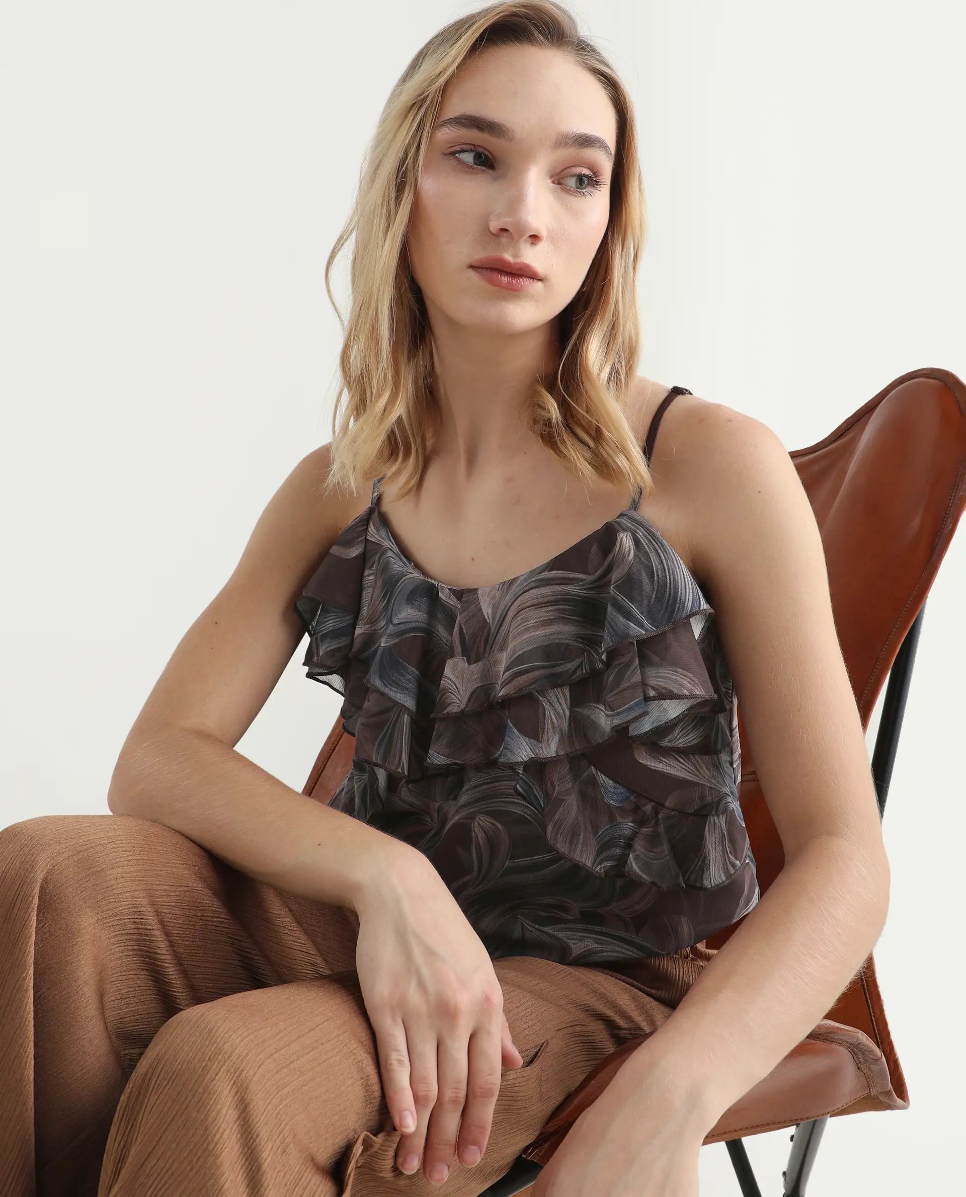 Rareism Women's Difiti Multi Cotton V-Neck Abstract Print Sleeveless Regular Fit Top