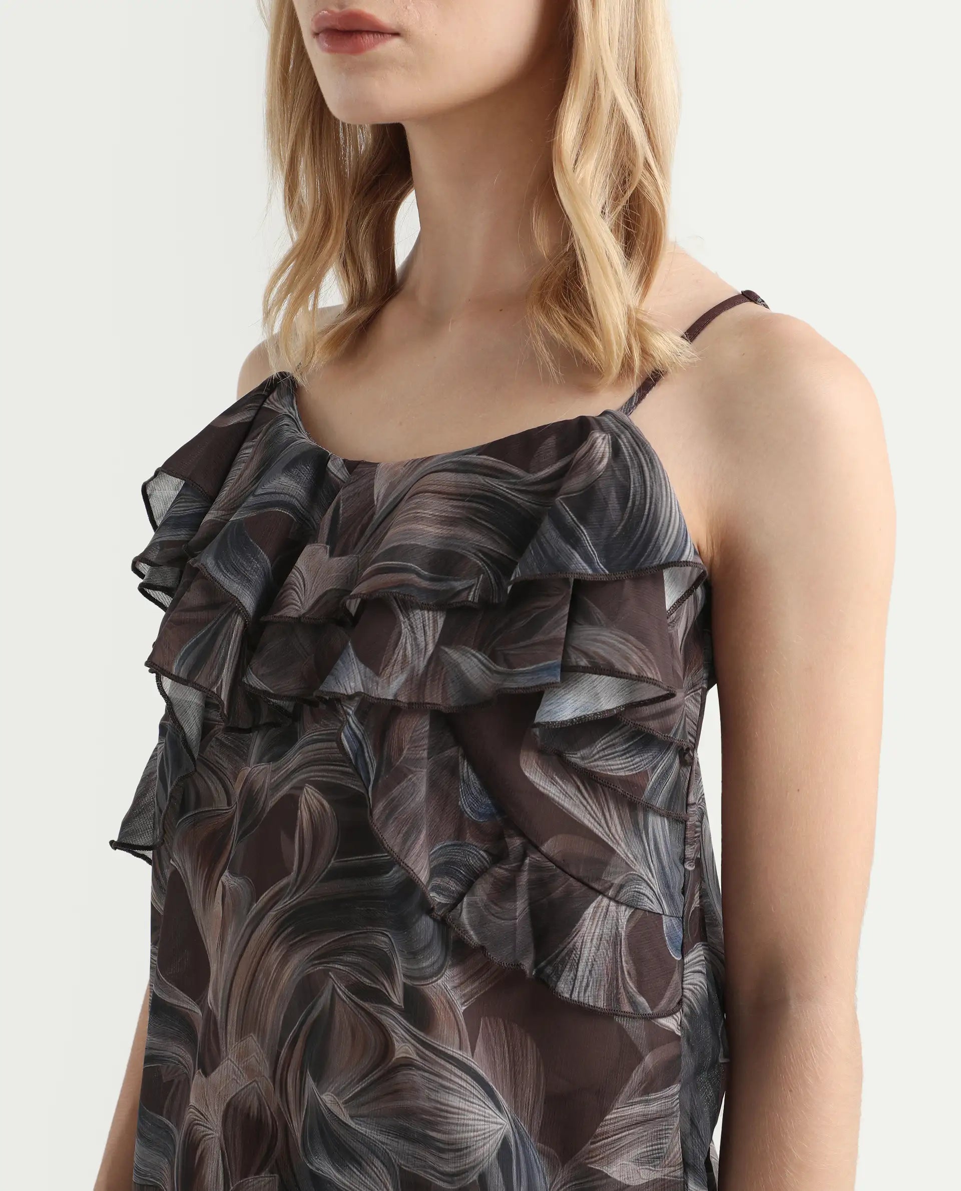 Rareism Women's Difiti Multi Cotton V-Neck Abstract Print Sleeveless Regular Fit Top