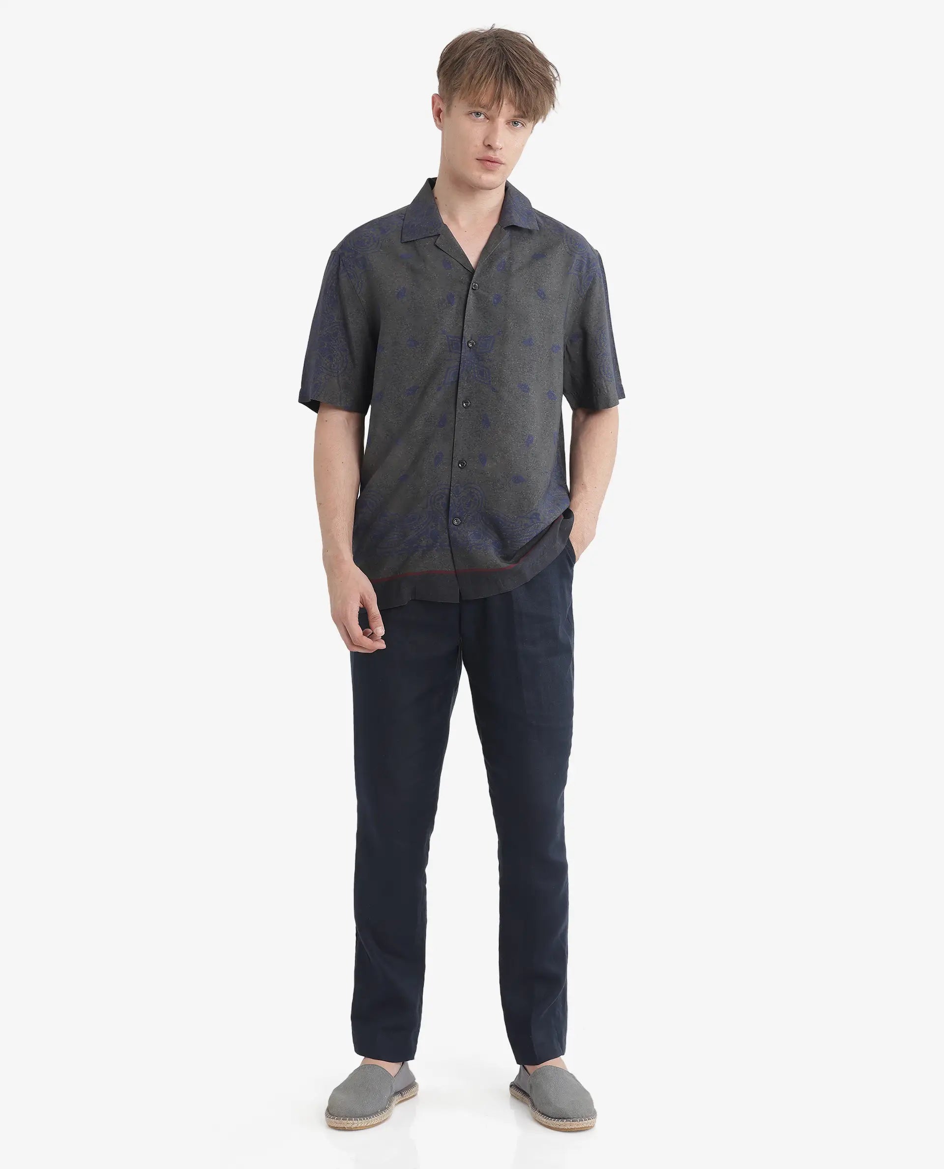 Rare Rabbit Men's Difo Green Viscose Printed Boxy Fit Half Sleeve Cuban Collar Shirt