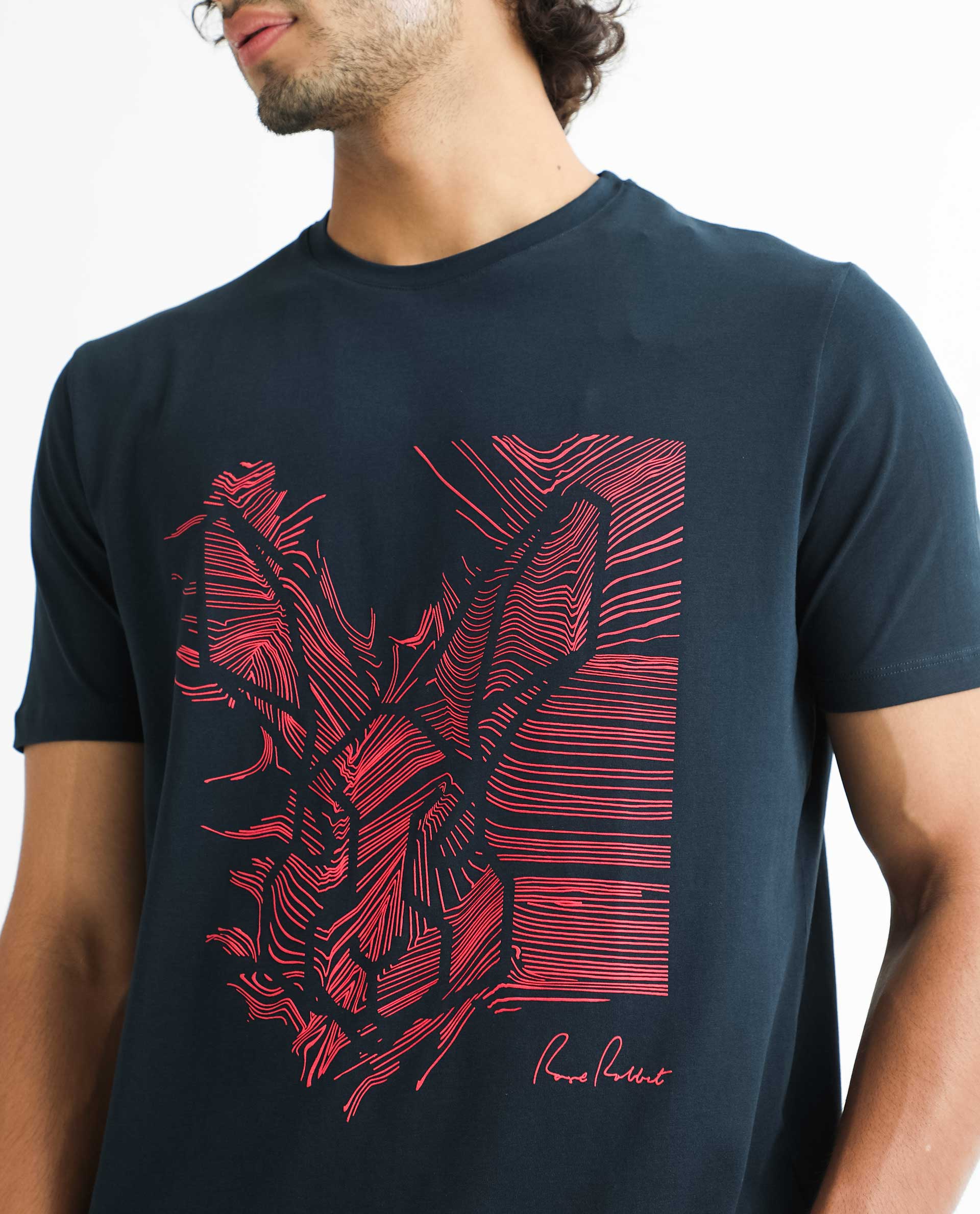 Rare Rabbit Men's Digiwaves 2 Navy Crew Neck Logo Printed Half Sleeves Slim Fit T-Shirt