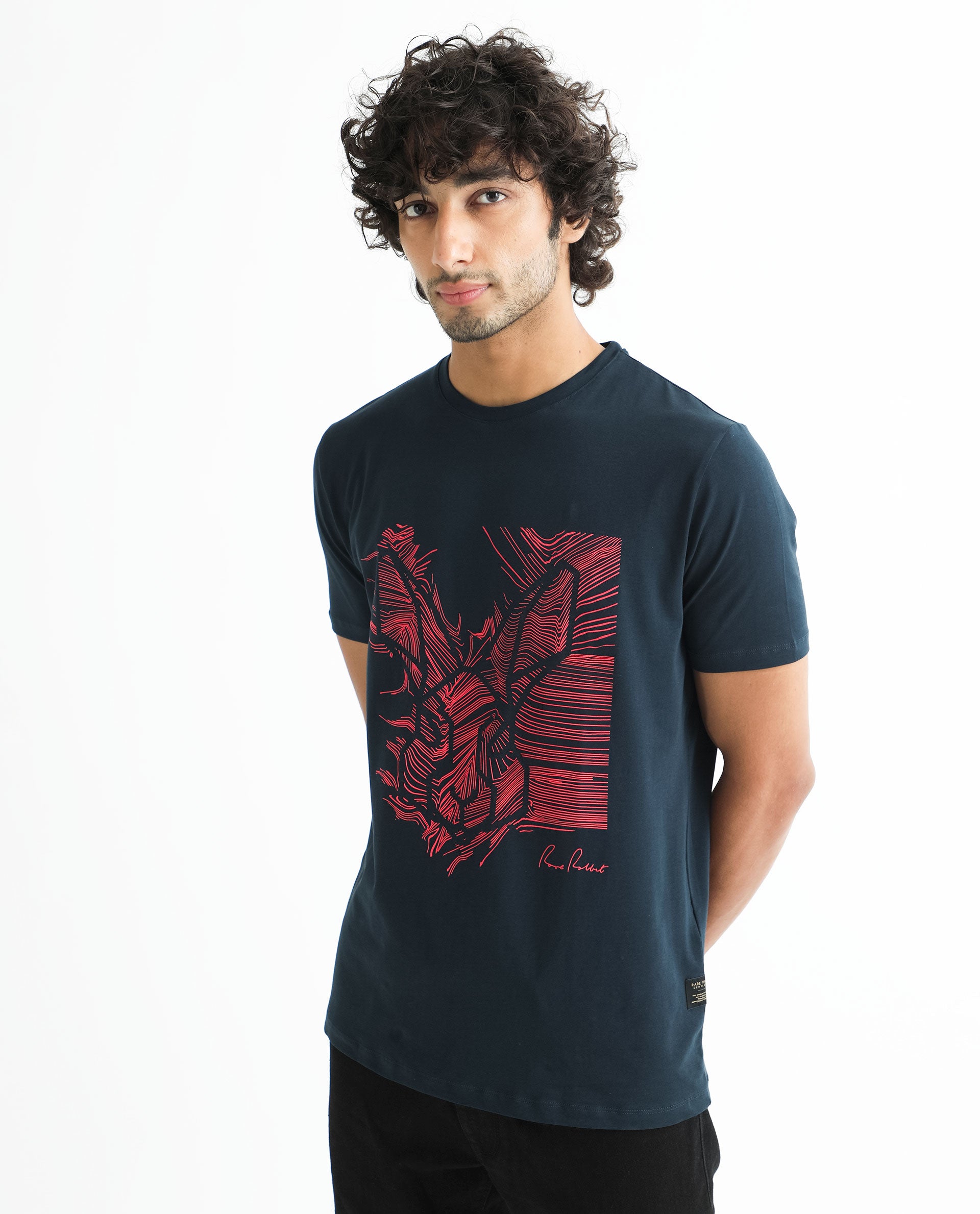 Rare Rabbit Men's Digiwaves 2 Navy Crew Neck Logo Printed Half Sleeves Slim Fit T-Shirt
