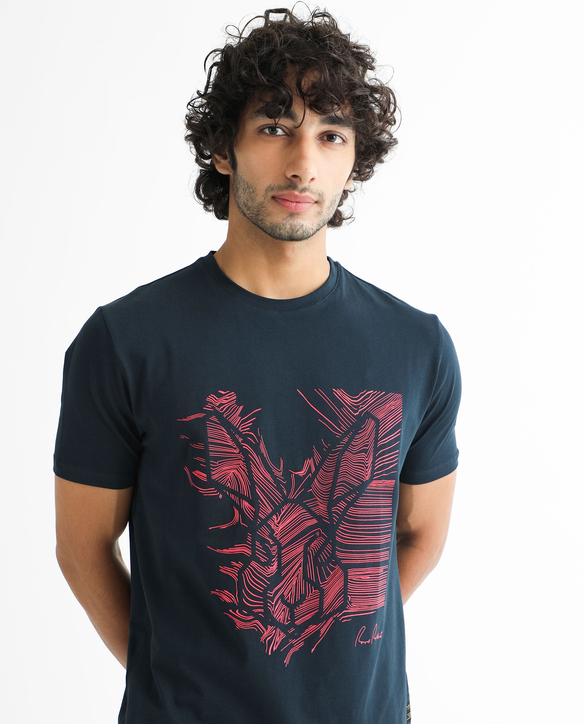 Rare Rabbit Men's Digiwaves 2 Navy Crew Neck Logo Printed Half Sleeves Slim Fit T-Shirt