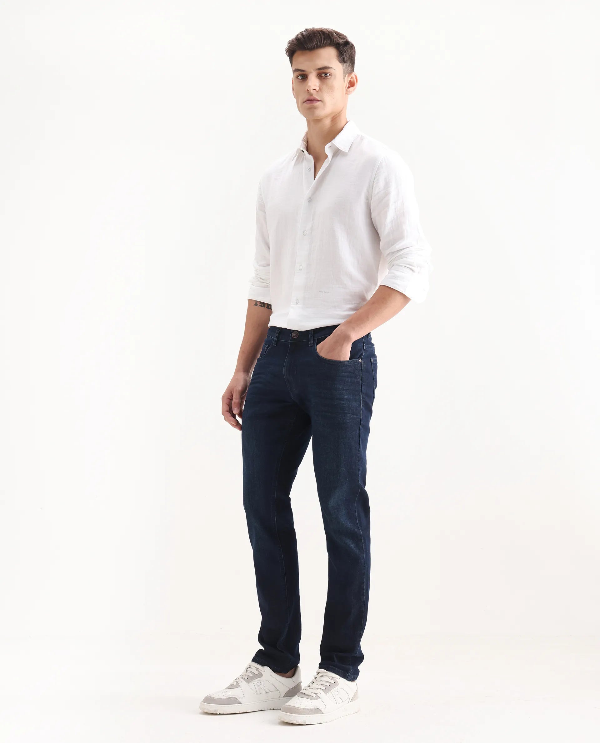 Rare Rabbit Men's Digo Dark Navy Cotton Blend Plain Hawk Slim Fit Jeans