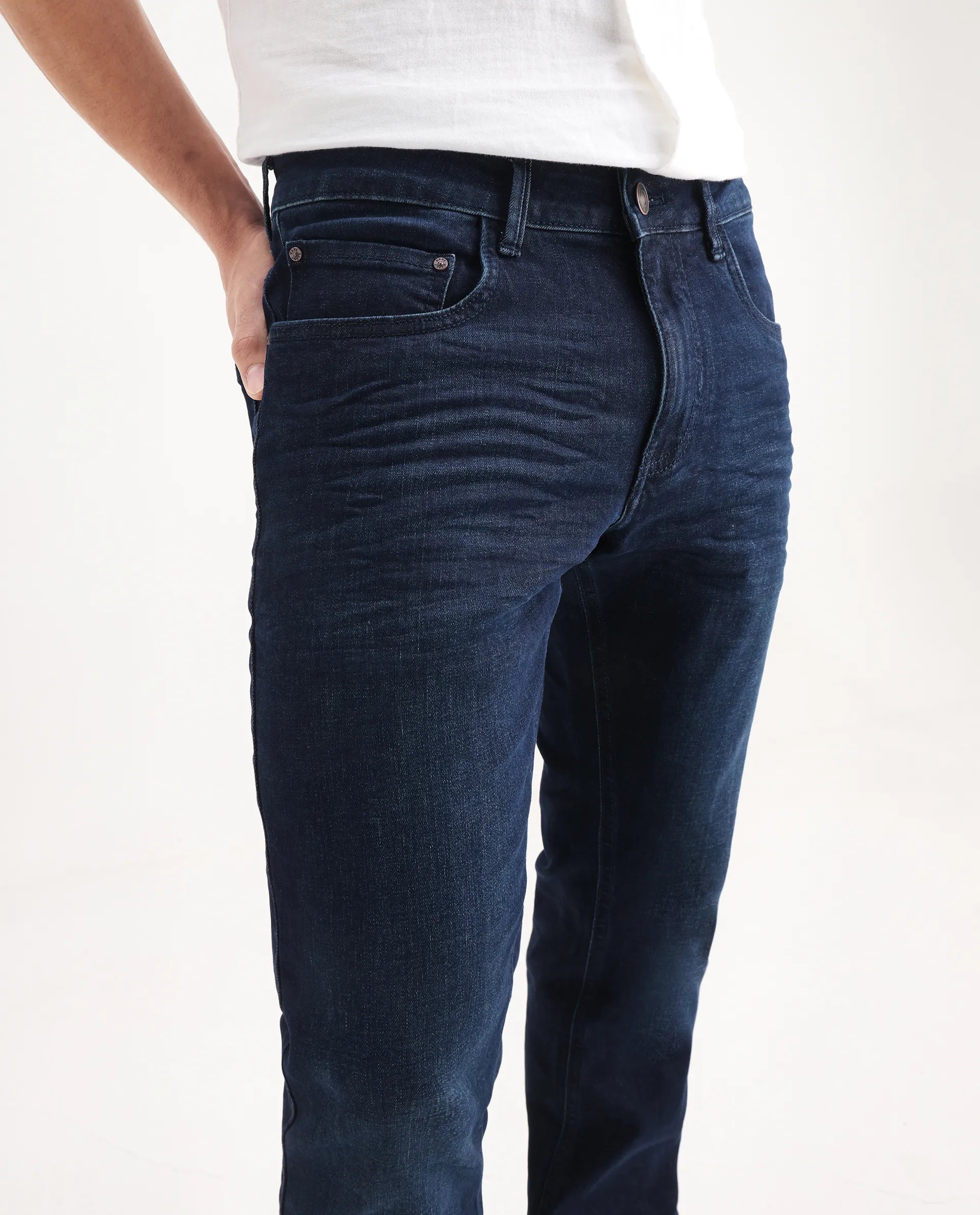 Rare Rabbit Men's Digo Dark Navy Cotton Blend Plain Hawk Slim Fit Jeans