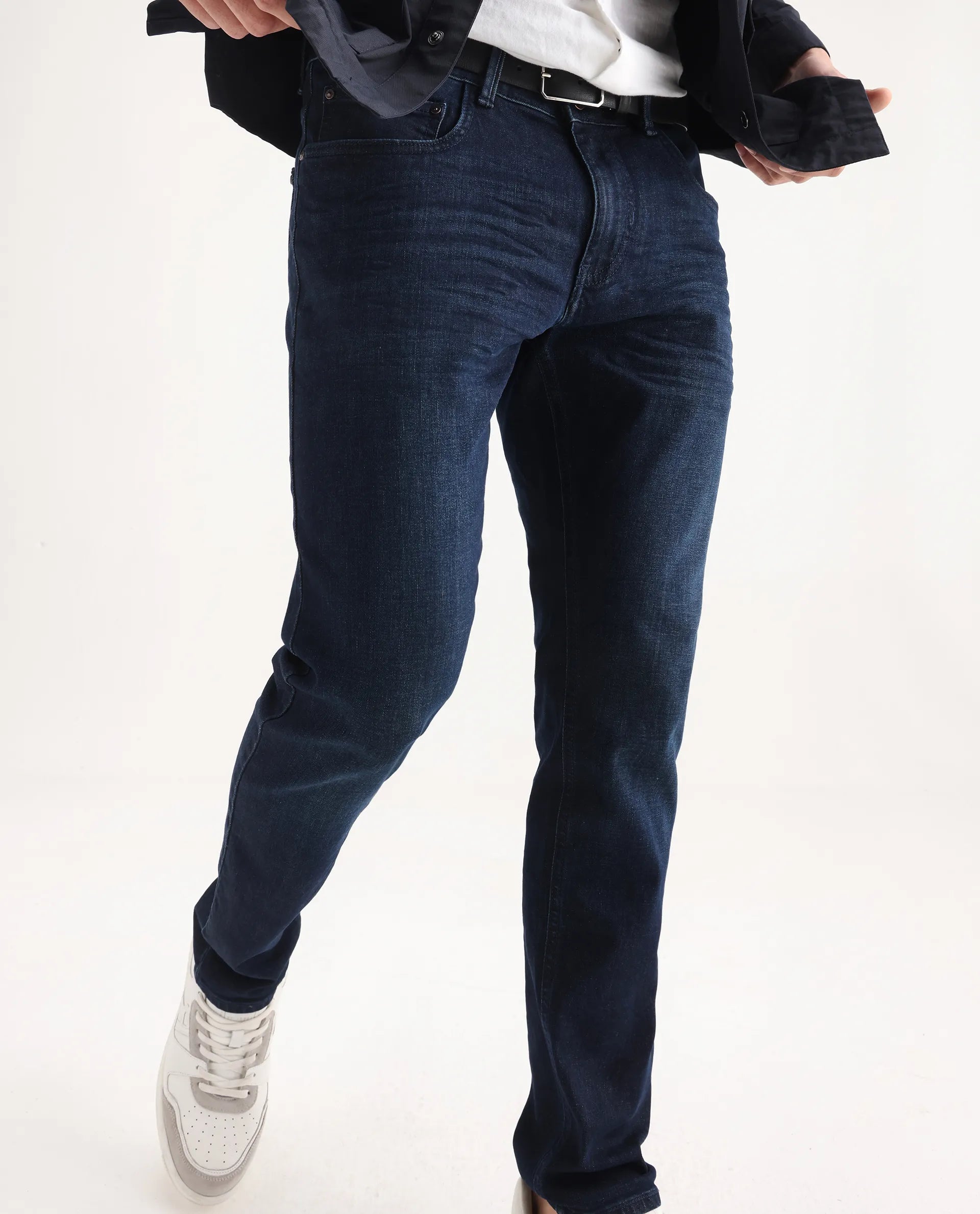 Rare Rabbit Men's Digo Dark Navy Cotton Blend Plain Hawk Slim Fit Jeans