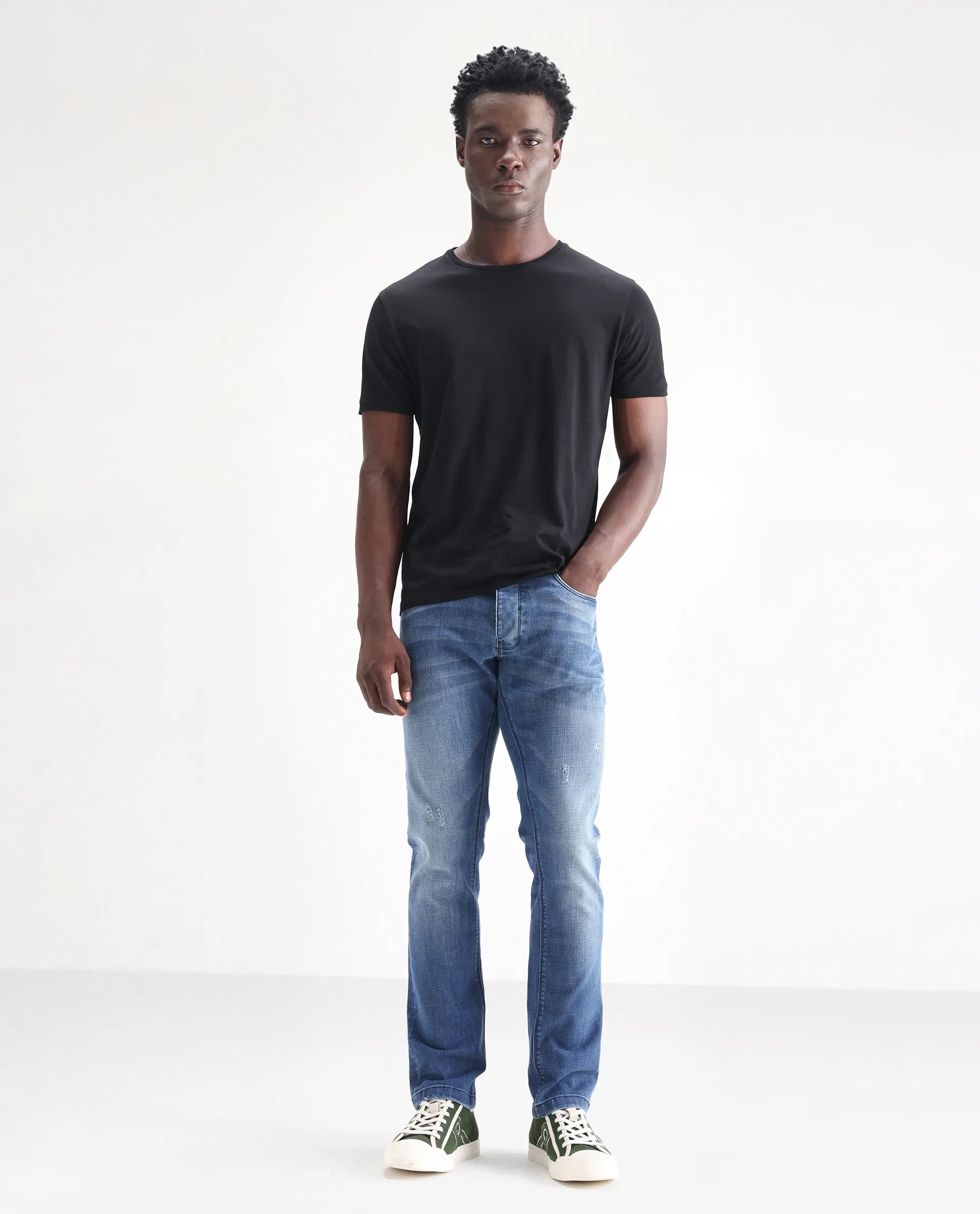 Rare Rabbit Men's Dijon Blue Cotton Plain Hawk Slim Fit Jeans