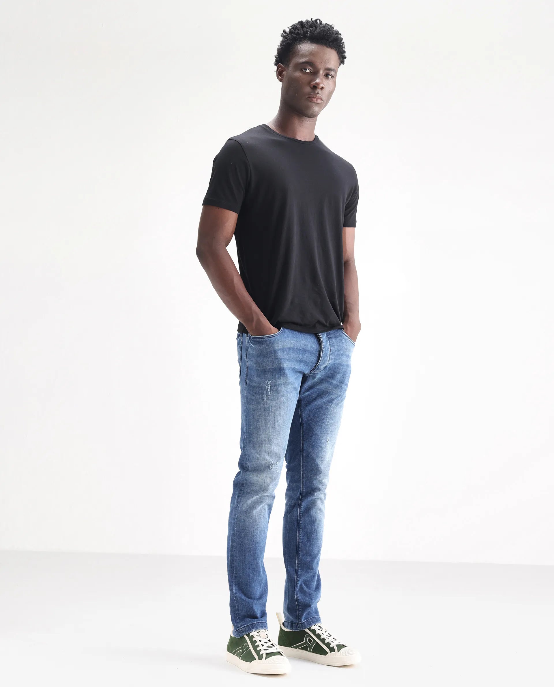 Rare Rabbit Men's Dijon Blue Cotton Plain Hawk Slim Fit Jeans
