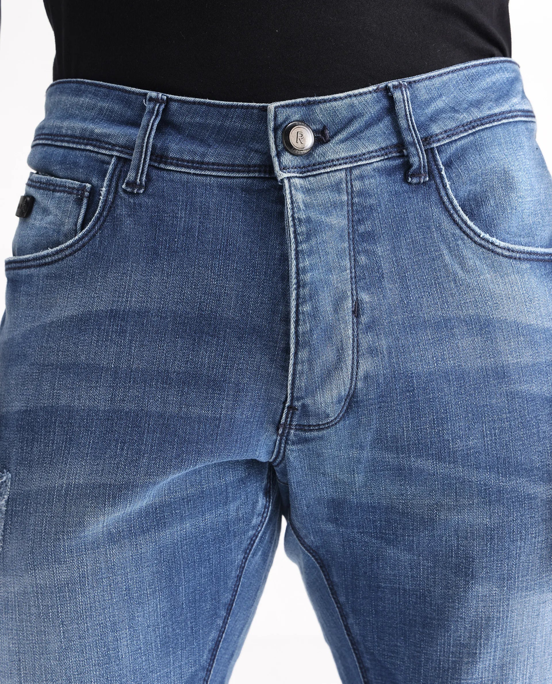 Rare Rabbit Men's Dijon Blue Cotton Plain Hawk Slim Fit Jeans