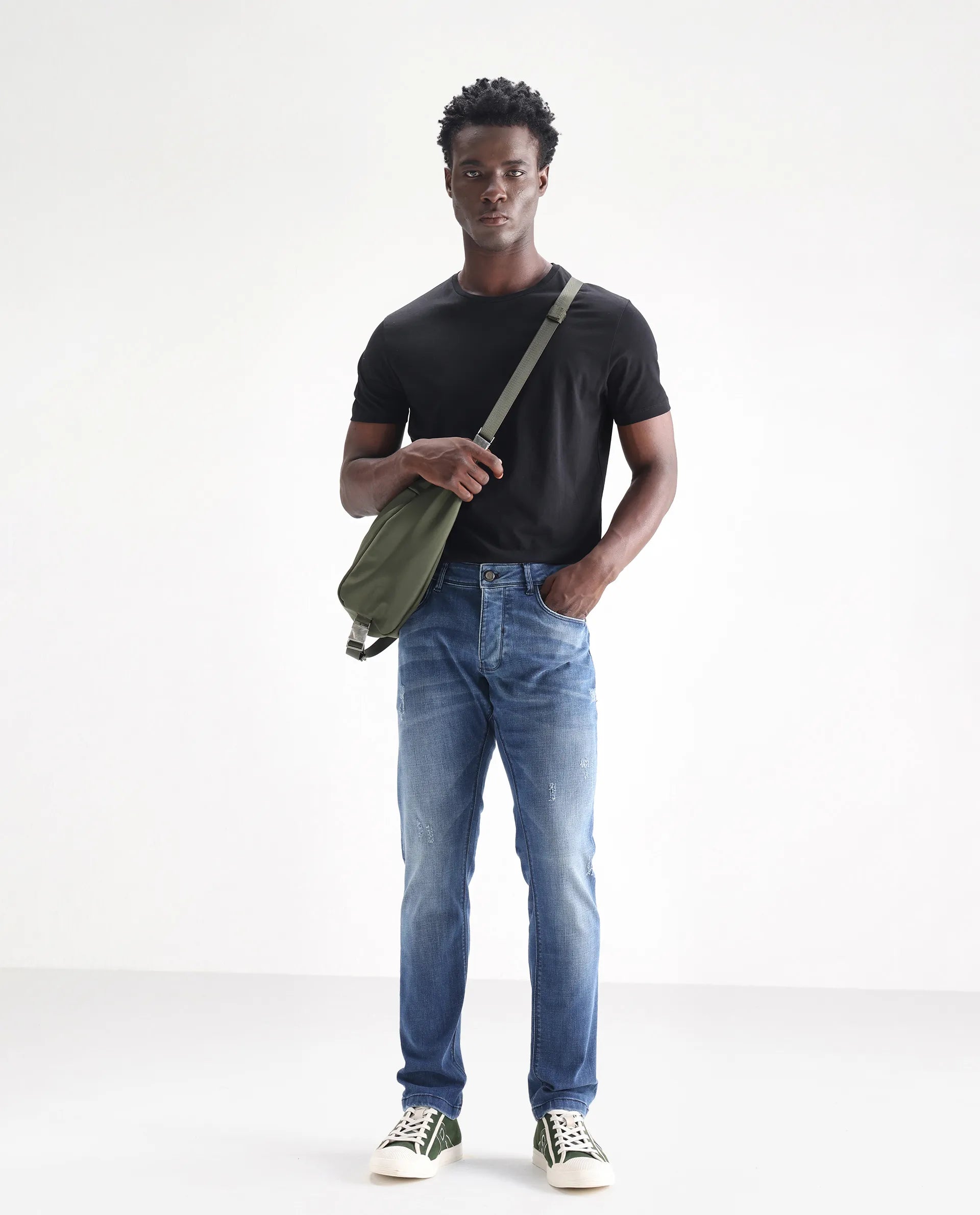 Rare Rabbit Men's Dijon Blue Cotton Plain Hawk Slim Fit Jeans