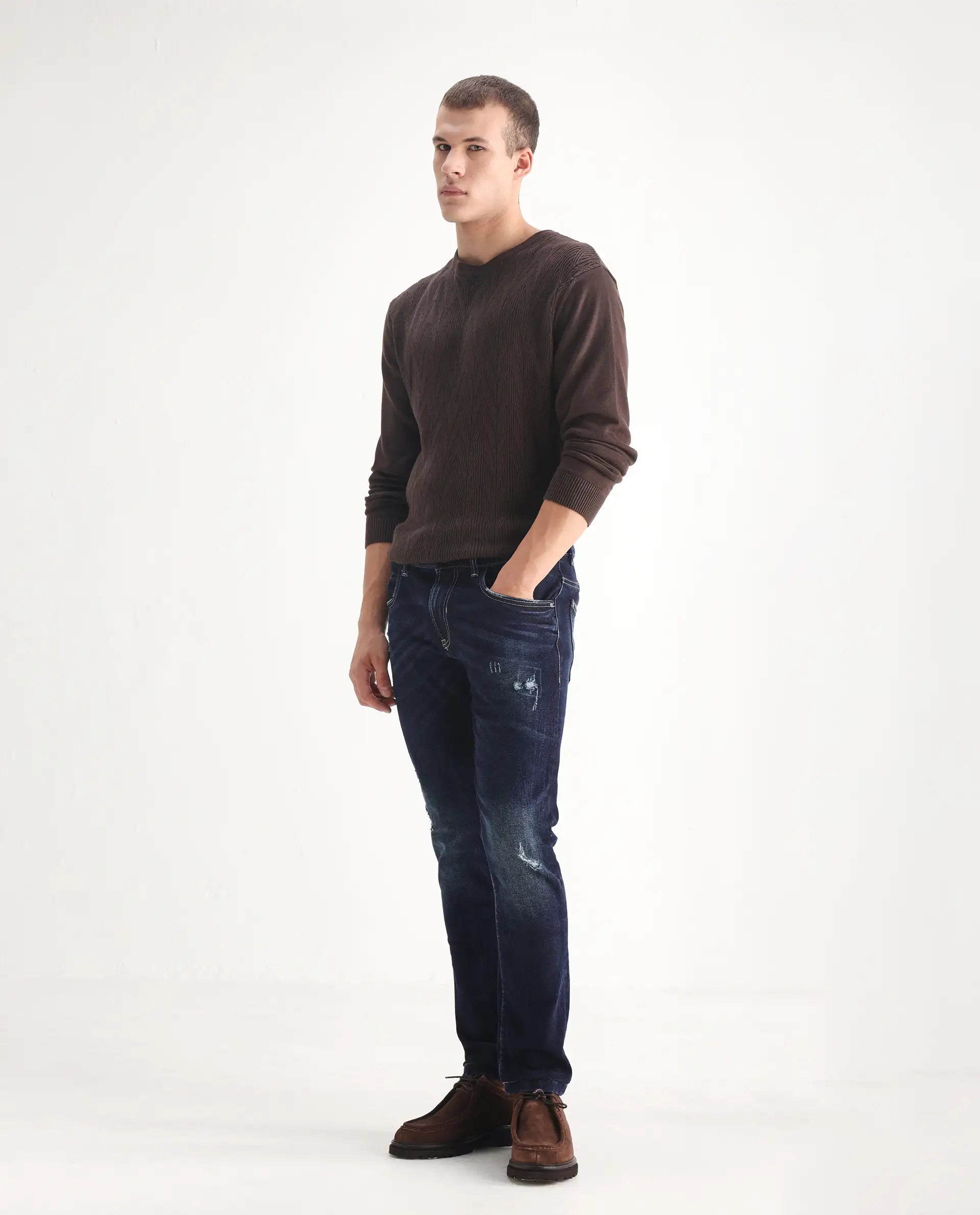 Rare Rabbit Men's Dili Dusky Navy Cotton Blend Plain Hawk Slim Fit Jeans