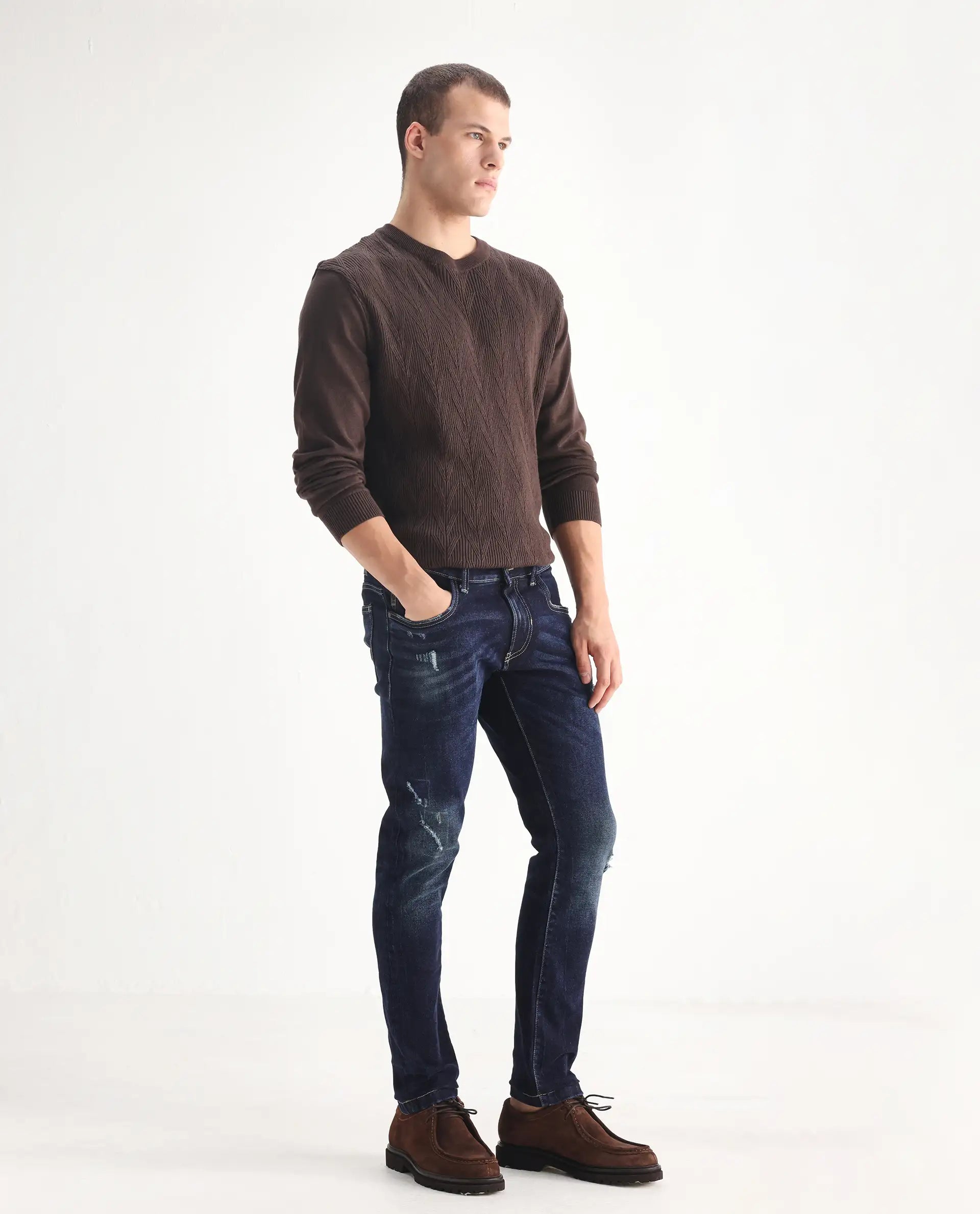 Rare Rabbit Men's Dili Dusky Navy Cotton Blend Plain Hawk Slim Fit Jeans