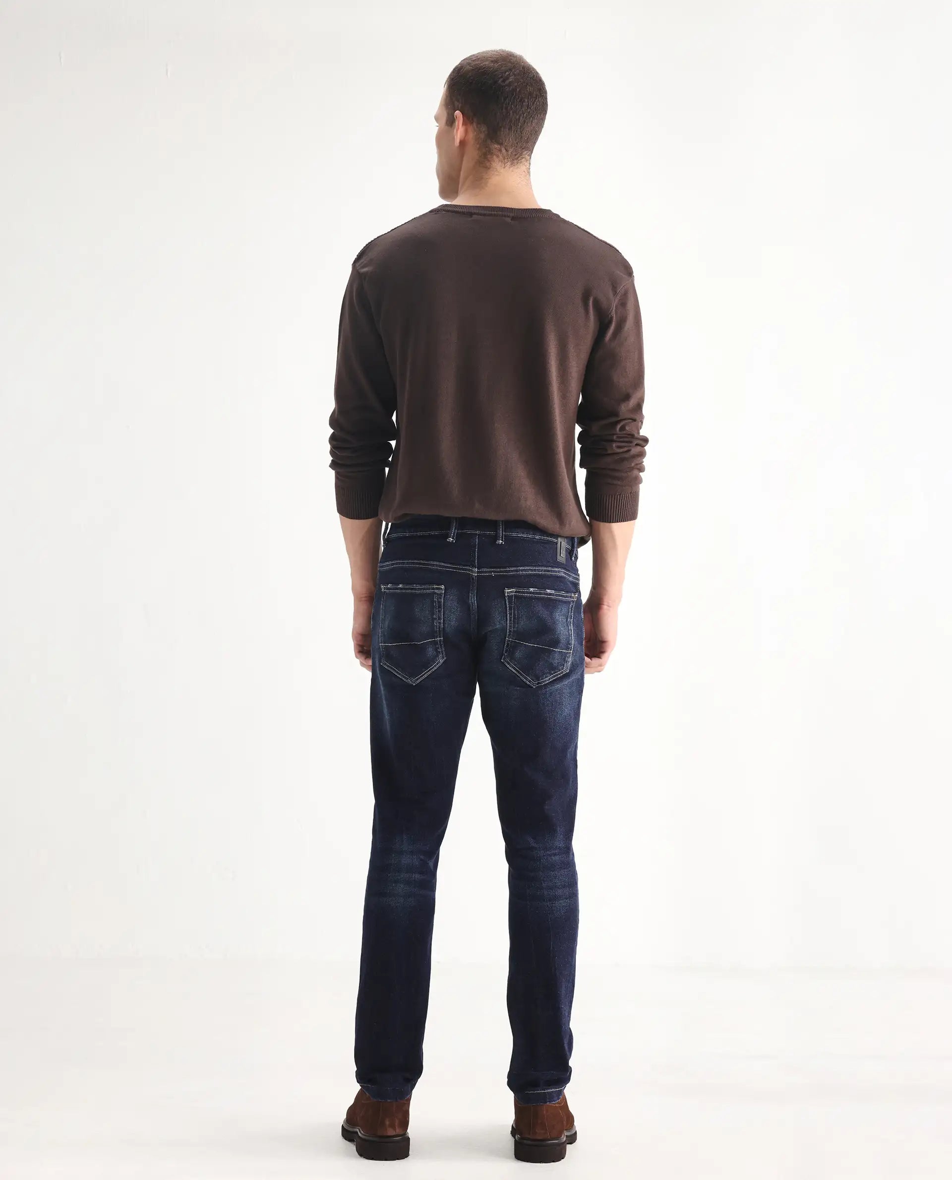 Rare Rabbit Men's Dili Dusky Navy Cotton Blend Plain Hawk Slim Fit Jeans