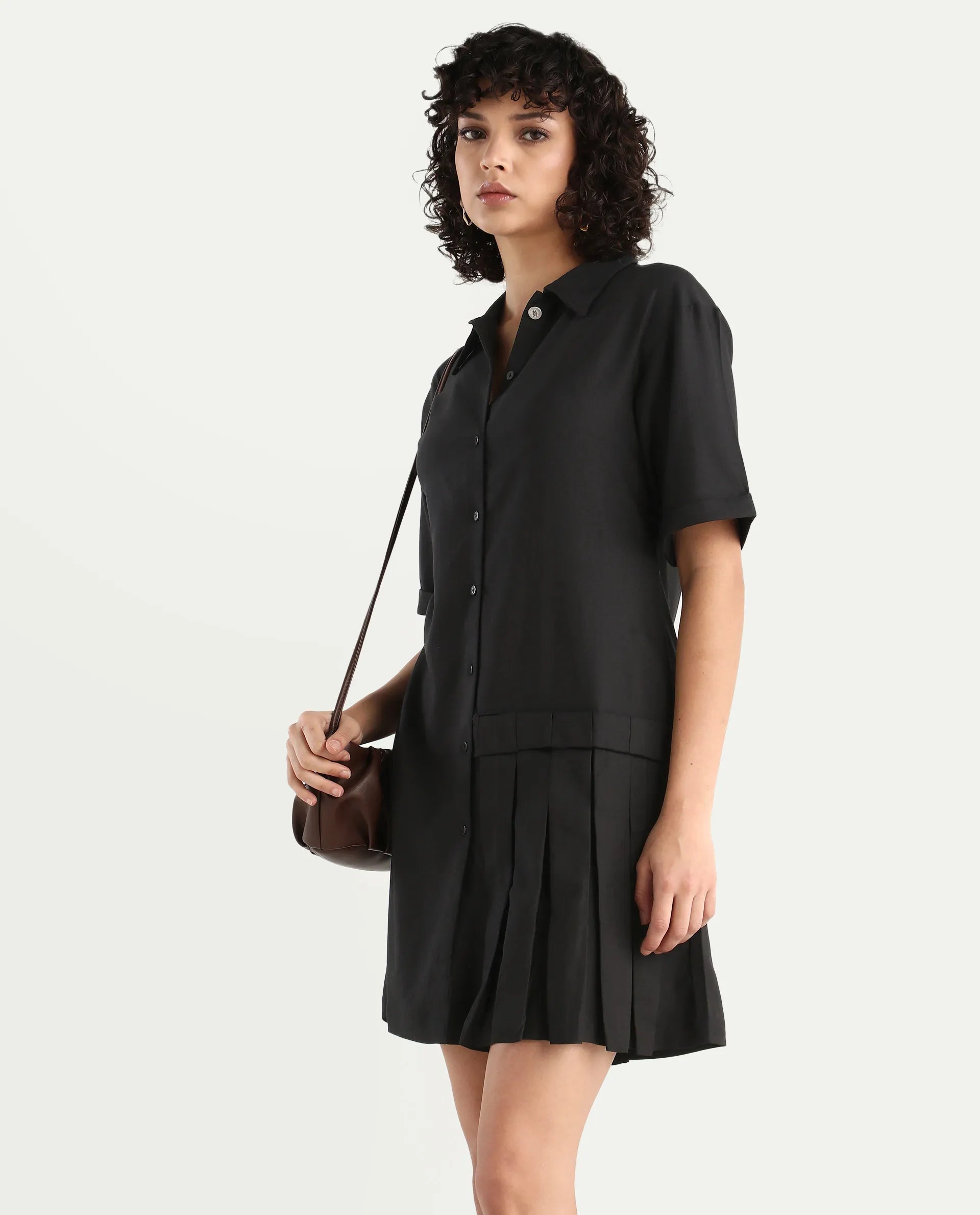 Rareism Women's Dilijan Black Cotton Blend Drop Collar Plain Knee Length Asymmetric Dress