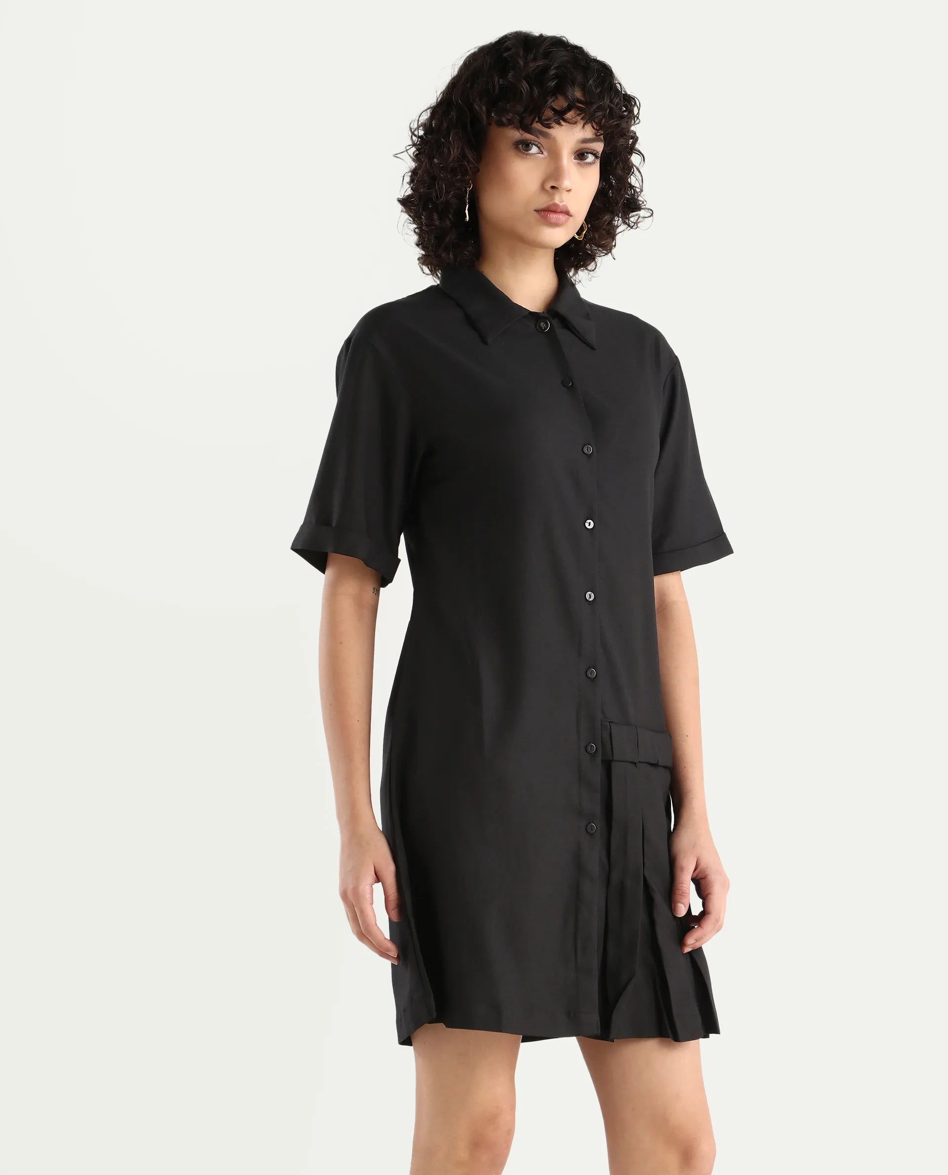 Rareism Women's Dilijan Black Cotton Blend Drop Collar Plain Knee Length Asymmetric Dress