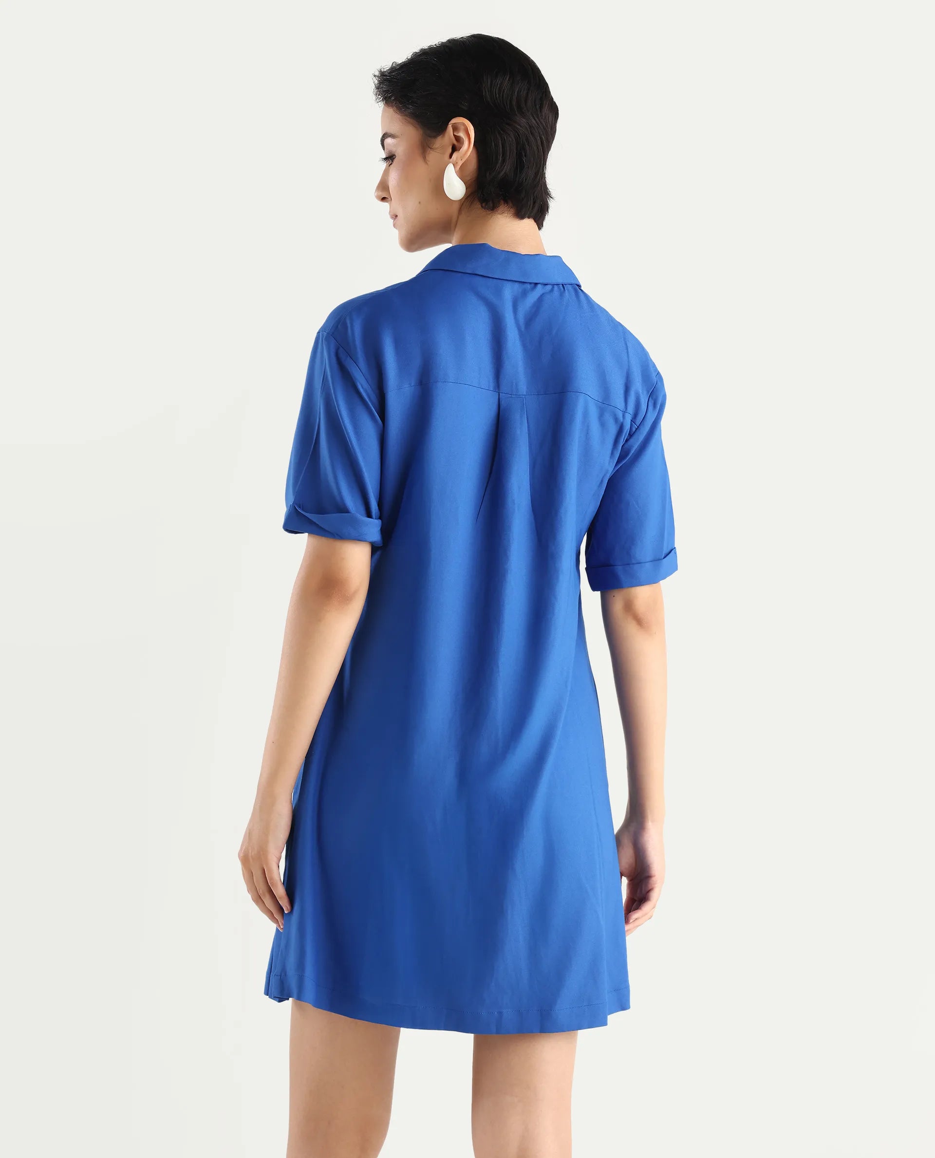 Rareism Women's Dilijan Blue Viscose Blend Drop Collar Plain Knee Length Asymmetric Dress