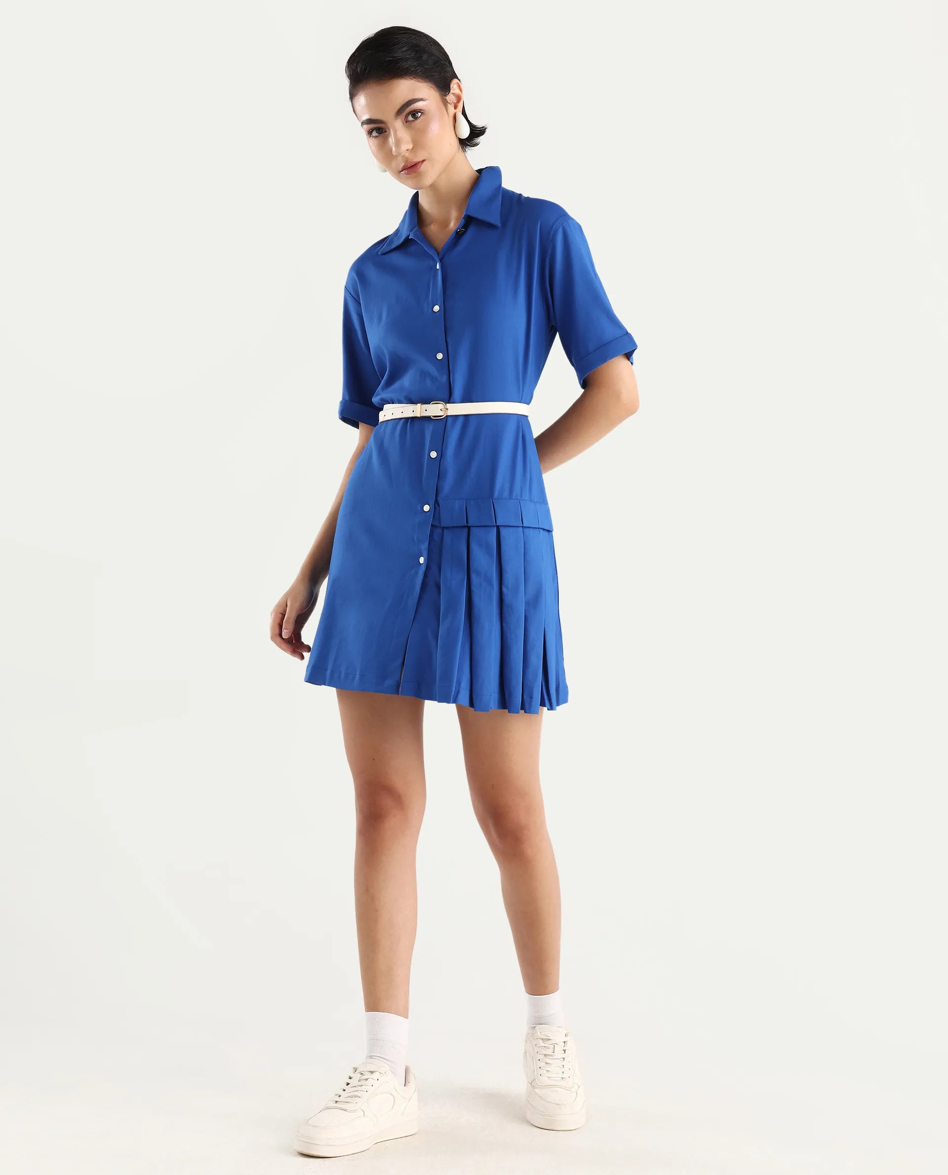 Rareism Women's Dilijan Blue Viscose Blend Drop Collar Plain Knee Length Asymmetric Dress