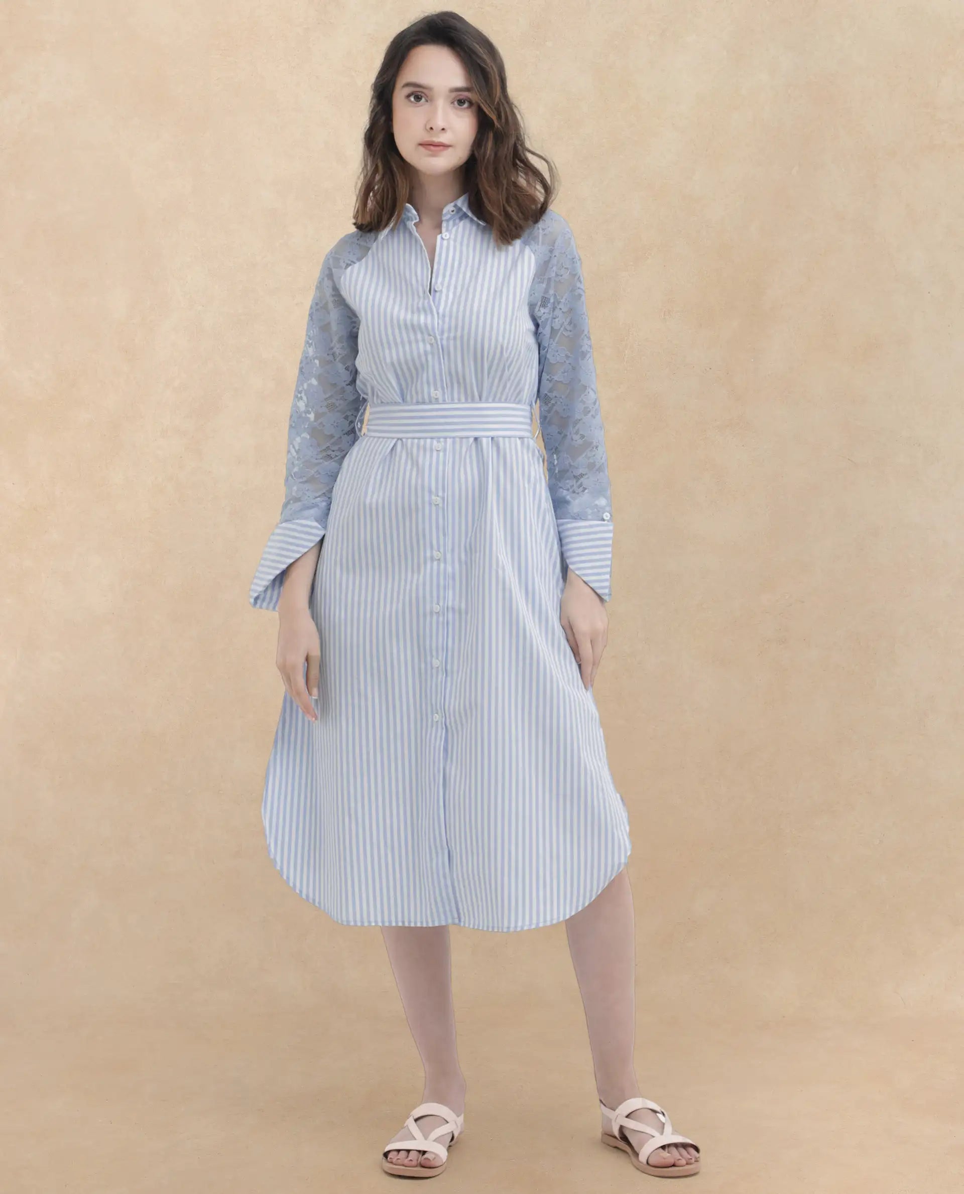 Rareism Women Dima Blue Cotton Fabric Regular Sleeves Collared Neck   Solid Dress