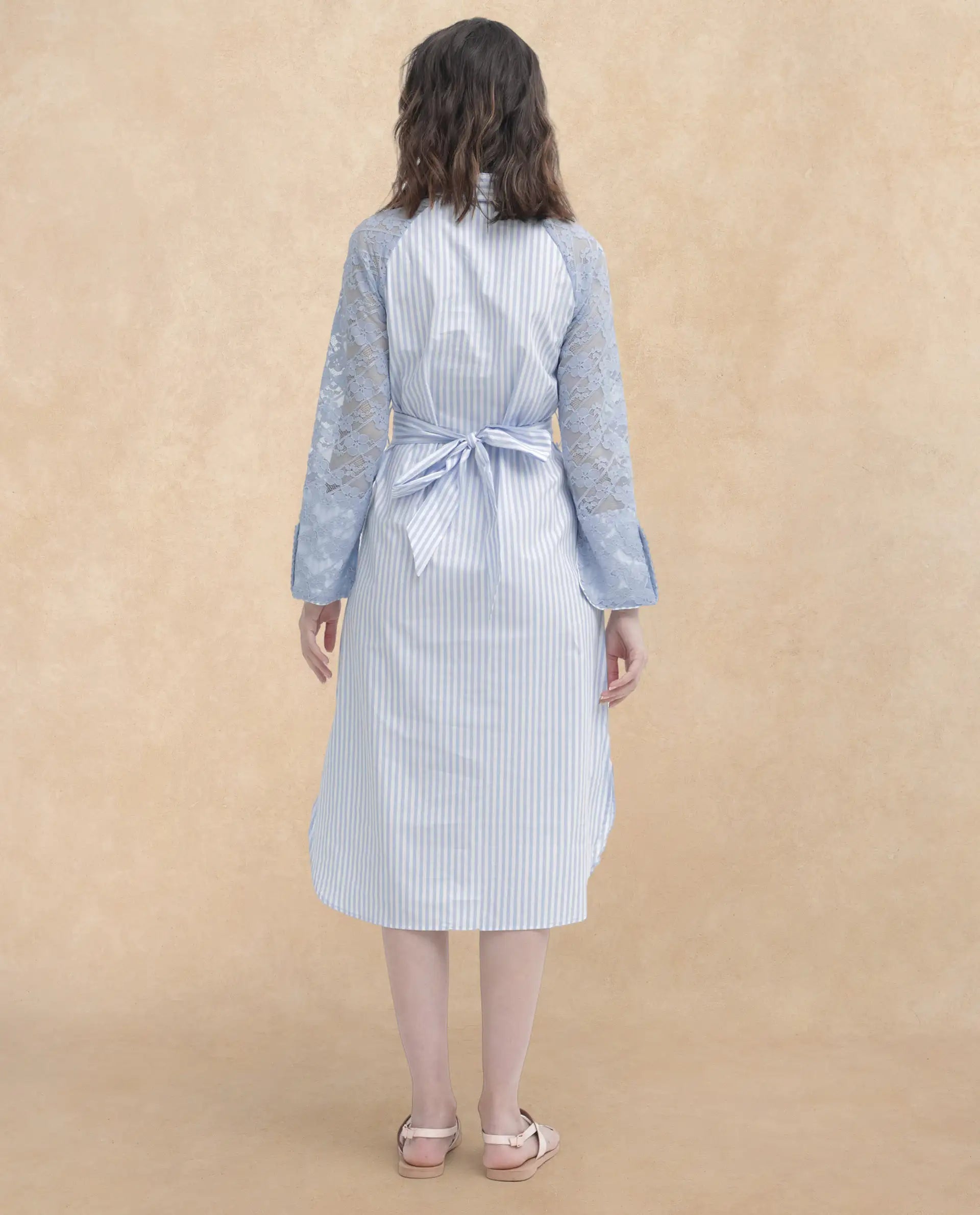 Rareism Women Dima Blue Cotton Fabric Regular Sleeves Collared Neck   Solid Dress