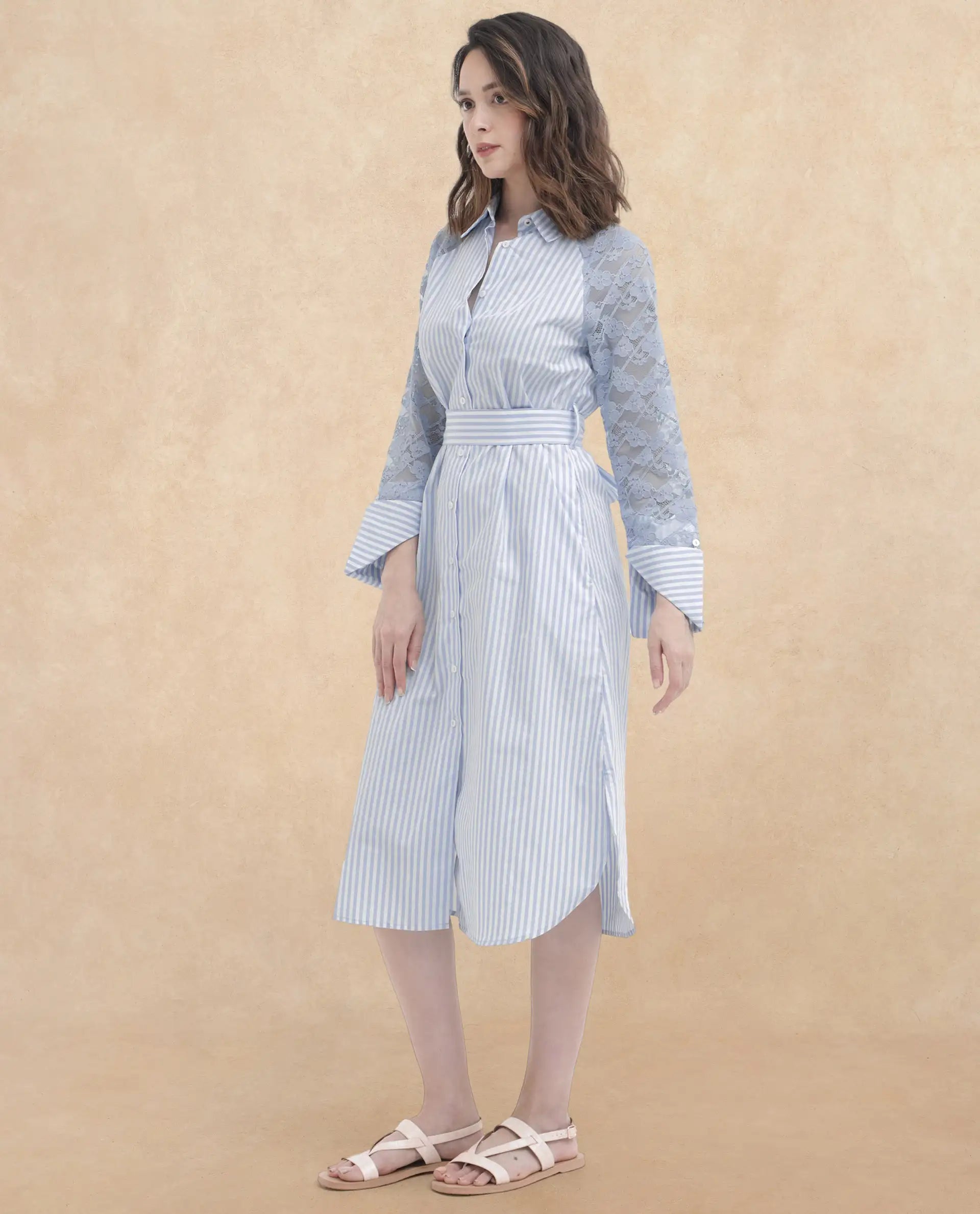 Rareism Women Dima Blue Cotton Fabric Regular Sleeves Collared Neck   Solid Dress