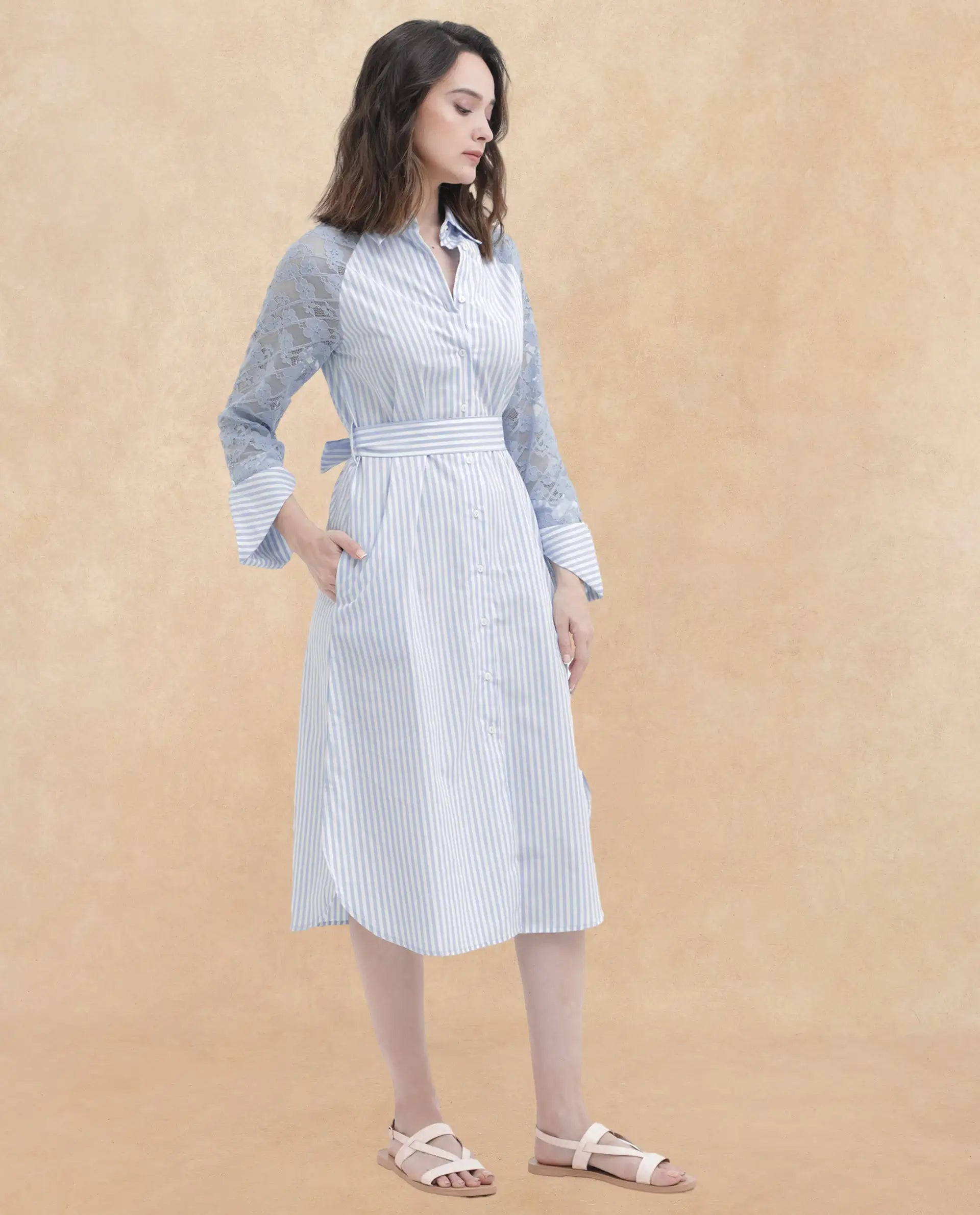 Rareism Women Dima Blue Cotton Fabric Regular Sleeves Collared Neck   Solid Dress