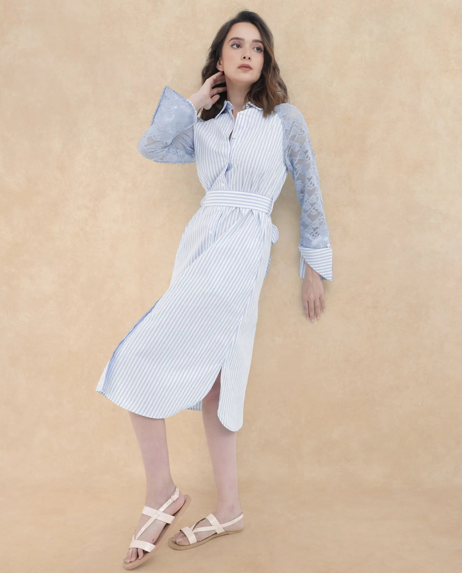 Rareism Women Dima Blue Cotton Fabric Regular Sleeves Collared Neck   Solid Dress