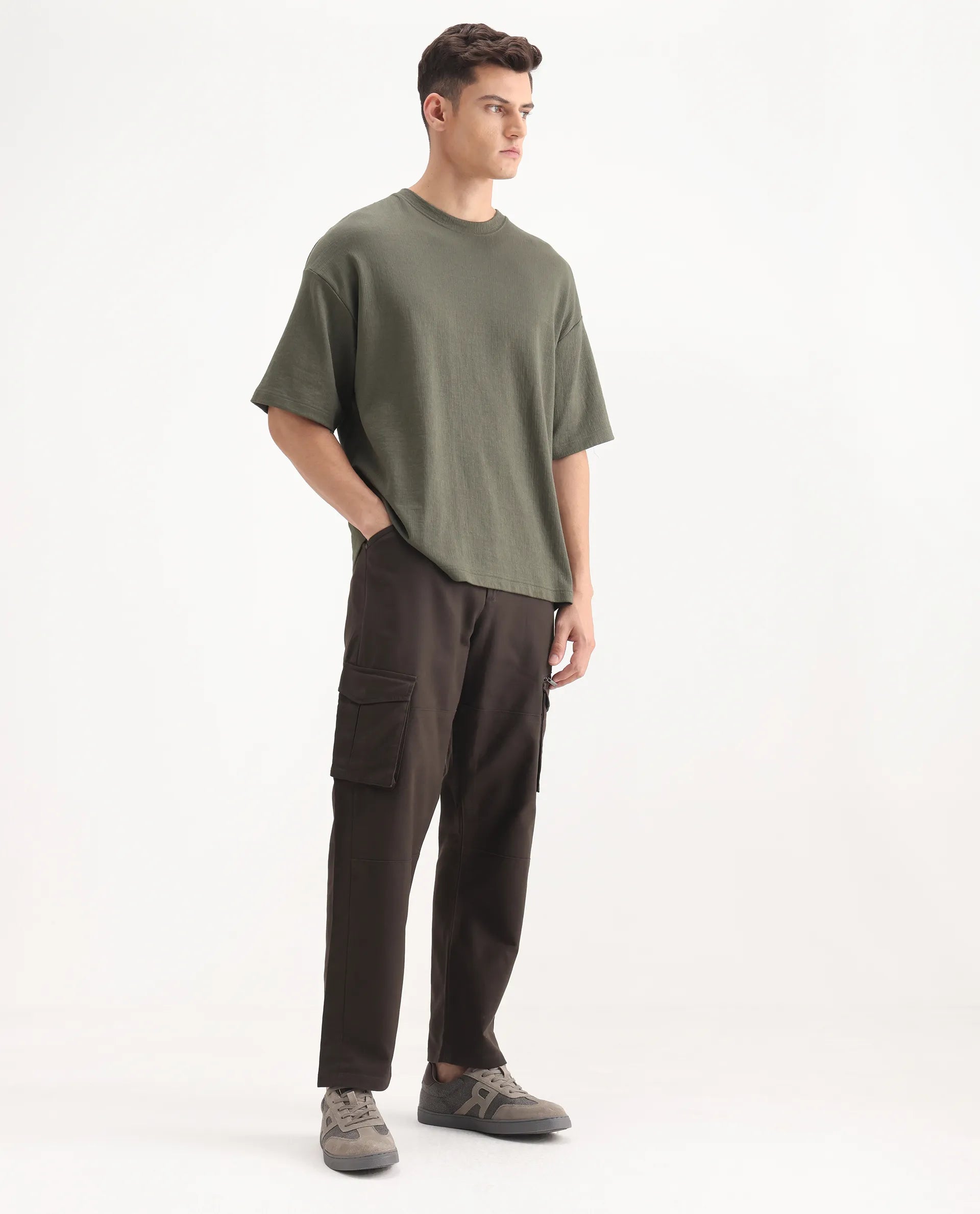 Rare Rabbit Men's Dima Dark Brown Cotton Plain Regular Fit Trouser