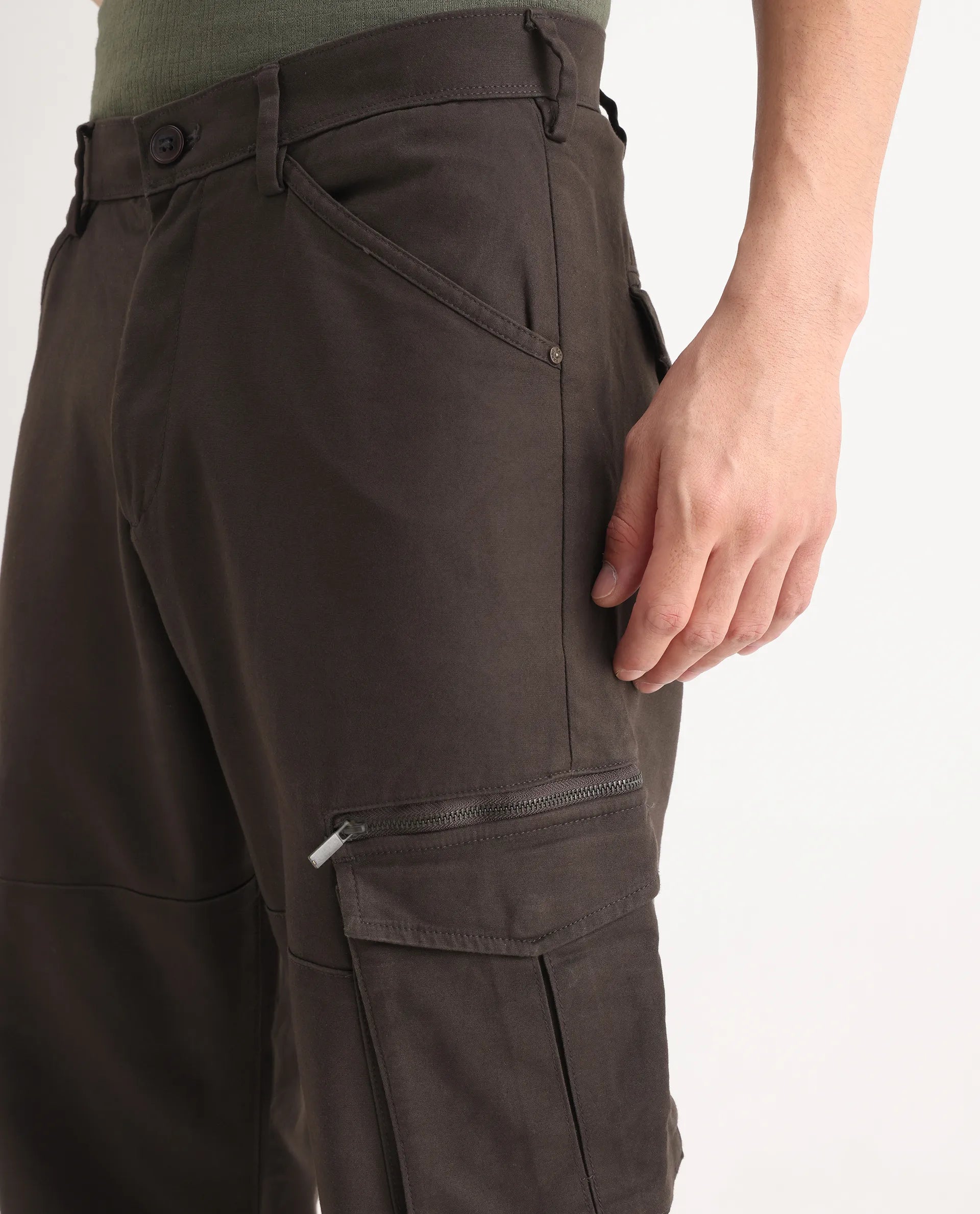 Rare Rabbit Men's Dima Dark Brown Cotton Plain Regular Fit Trouser