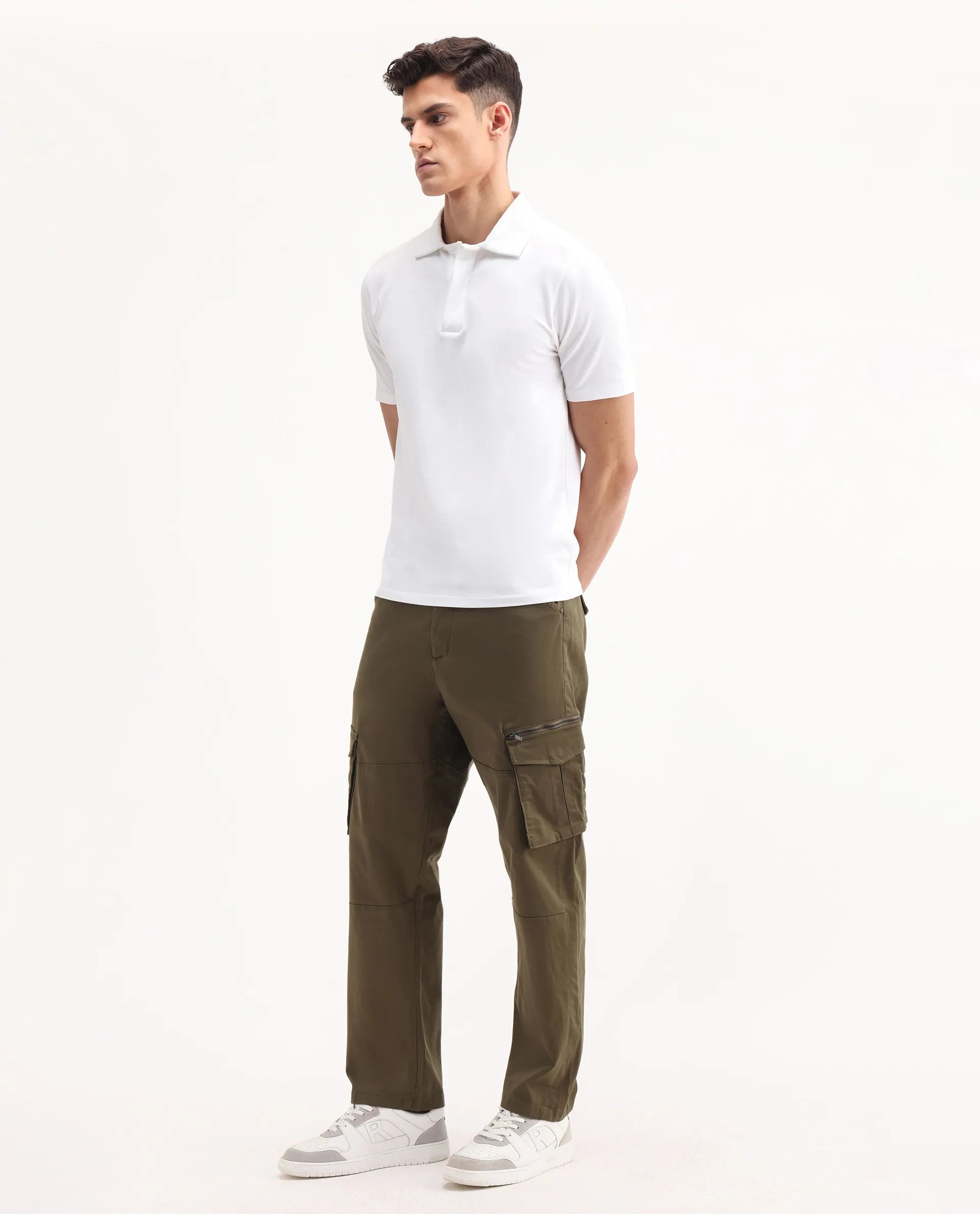Rare Rabbit Men's Dima Dark Olive Cotton Plain Regular Fit Trouser