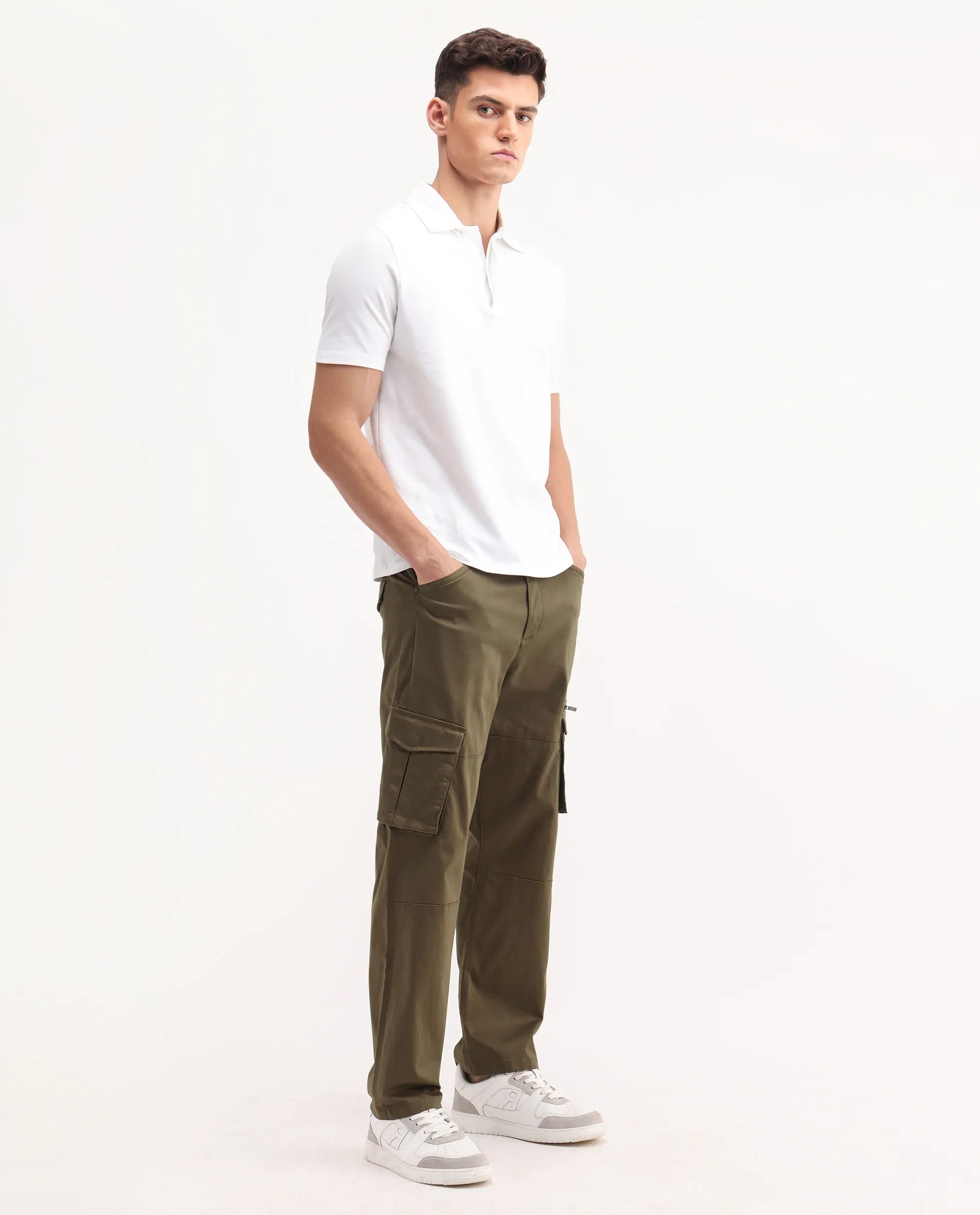 Rare Rabbit Men's Dima Dark Olive Cotton Plain Regular Fit Trouser