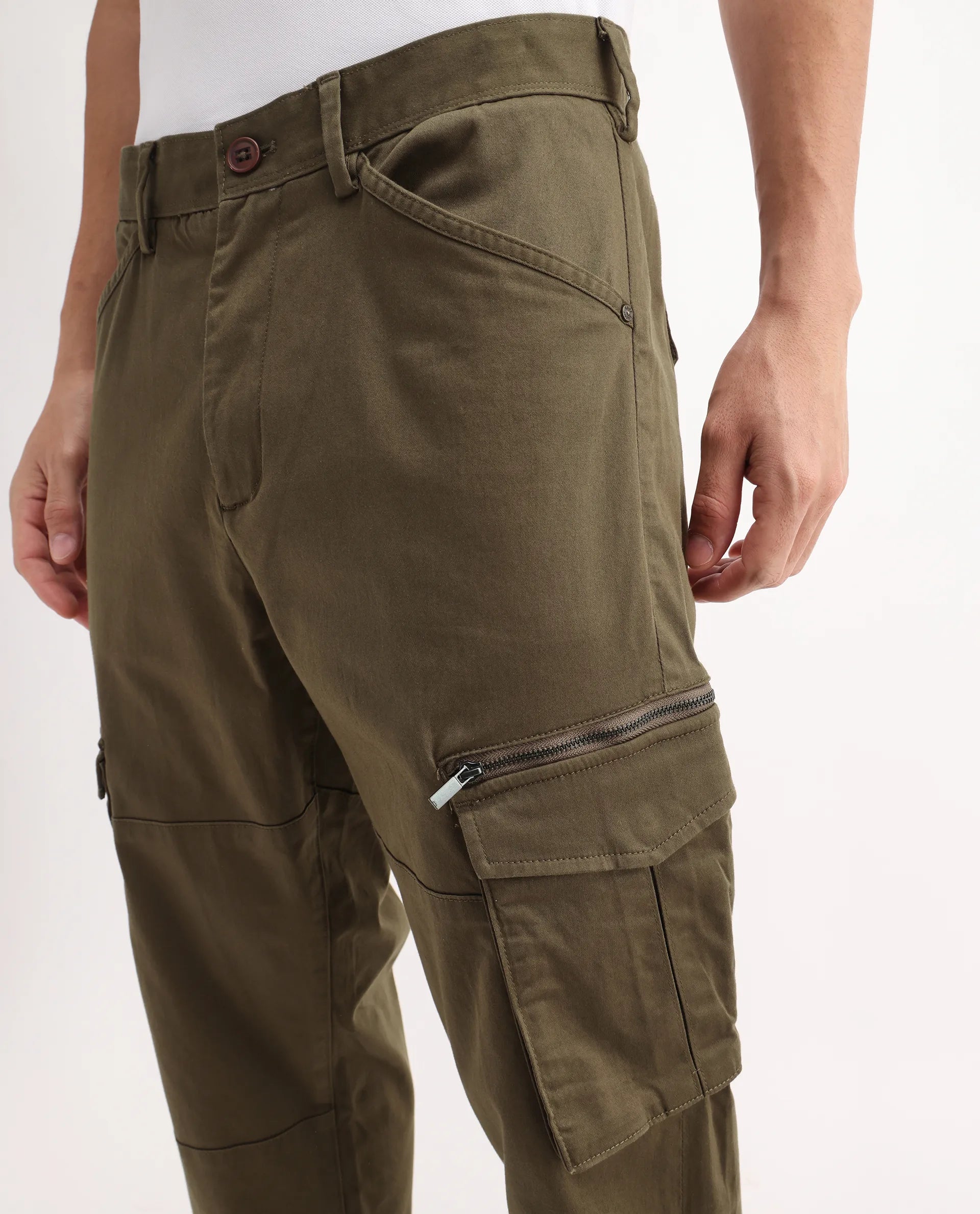 Rare Rabbit Men's Dima Dark Olive Cotton Plain Regular Fit Trouser