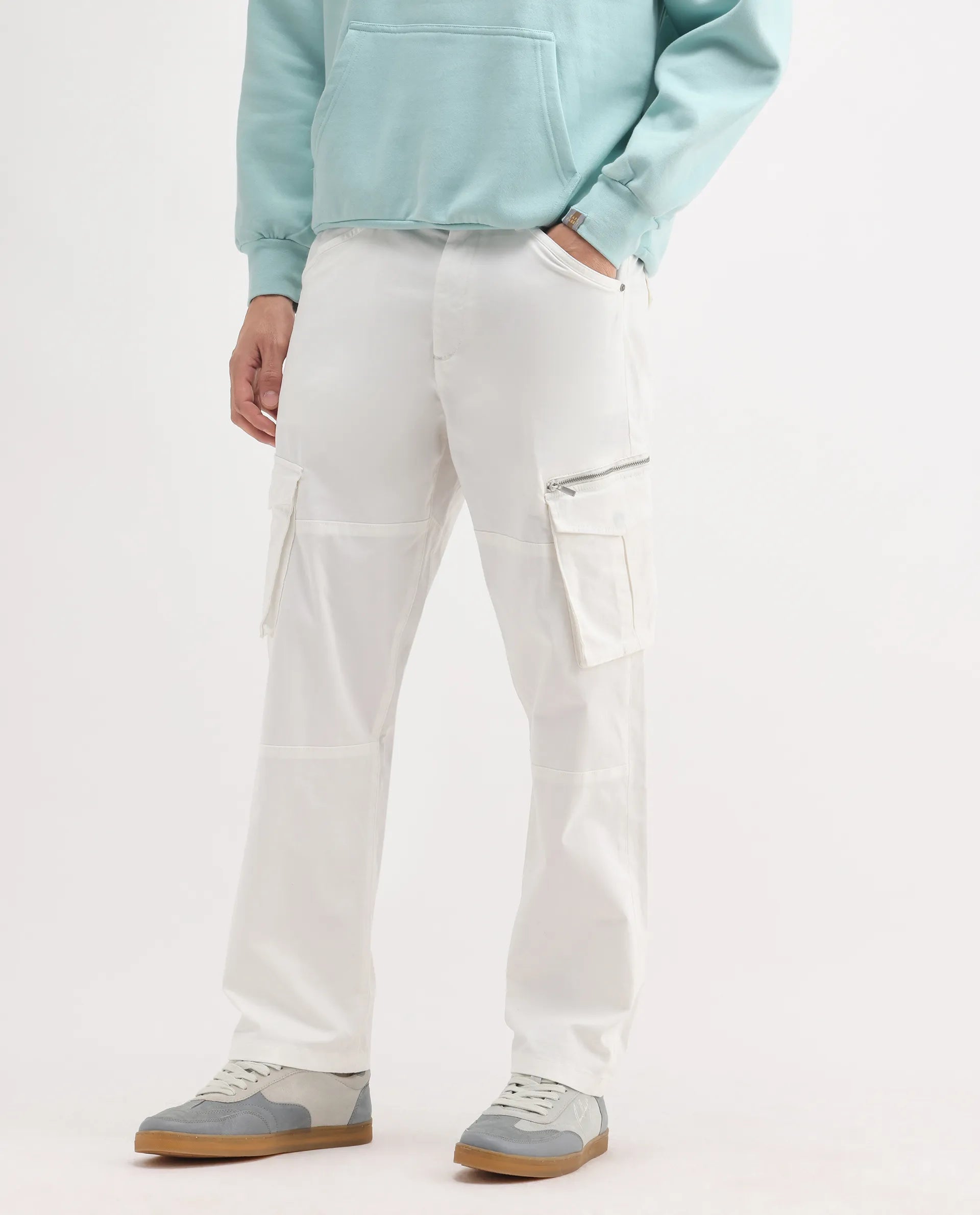 Rare Rabbit Men's Dima White Cotton Plain Regular Fit Trouser