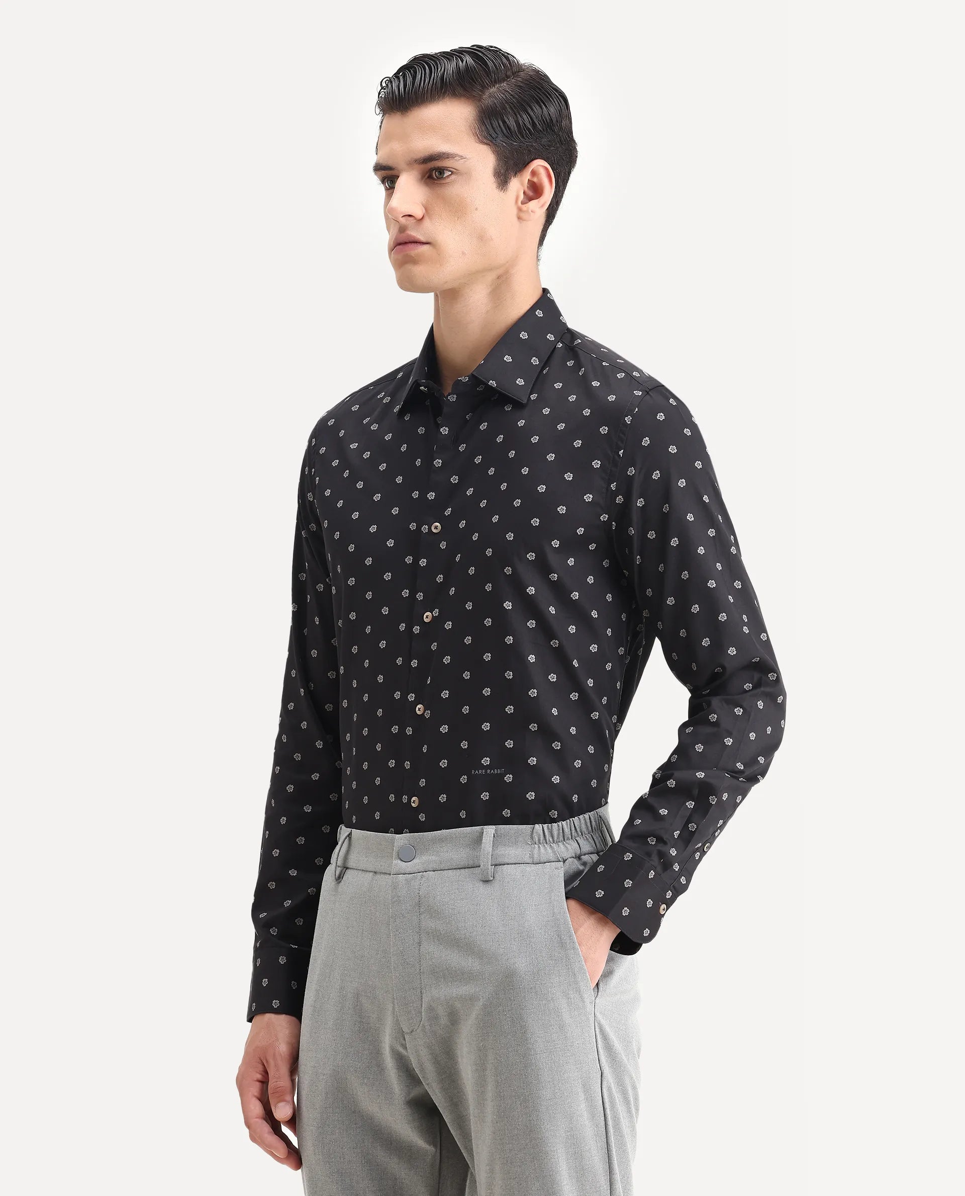 Rare Rabbit Men's Dimp Black Cotton Floral Print Regular Fit Full Sleeve Collared Shirt