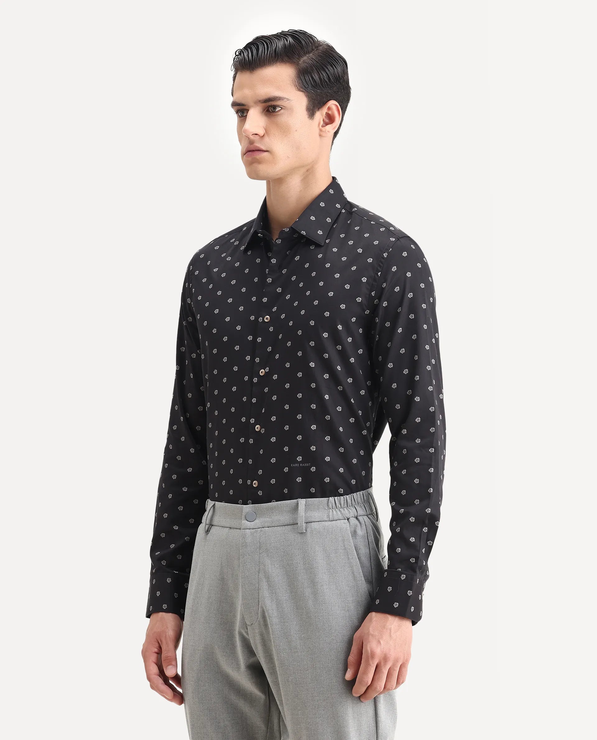 Rare Rabbit Men's Dimp Black Cotton Floral Print Regular Fit Full Sleeve Collared Shirt