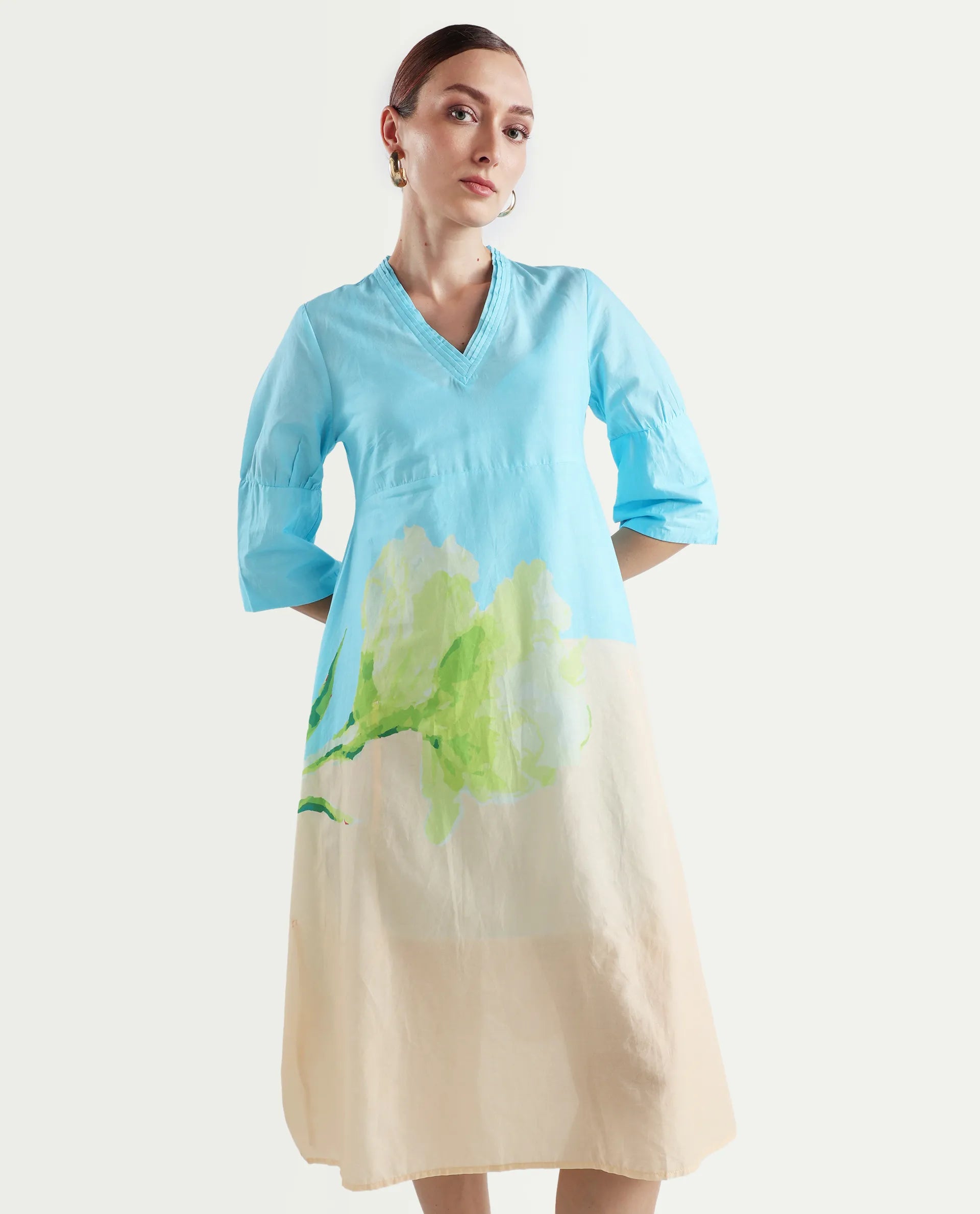 Rareism Women's Dinara Multi Cotton V-Neck Floral Print Midi A-Line Dress