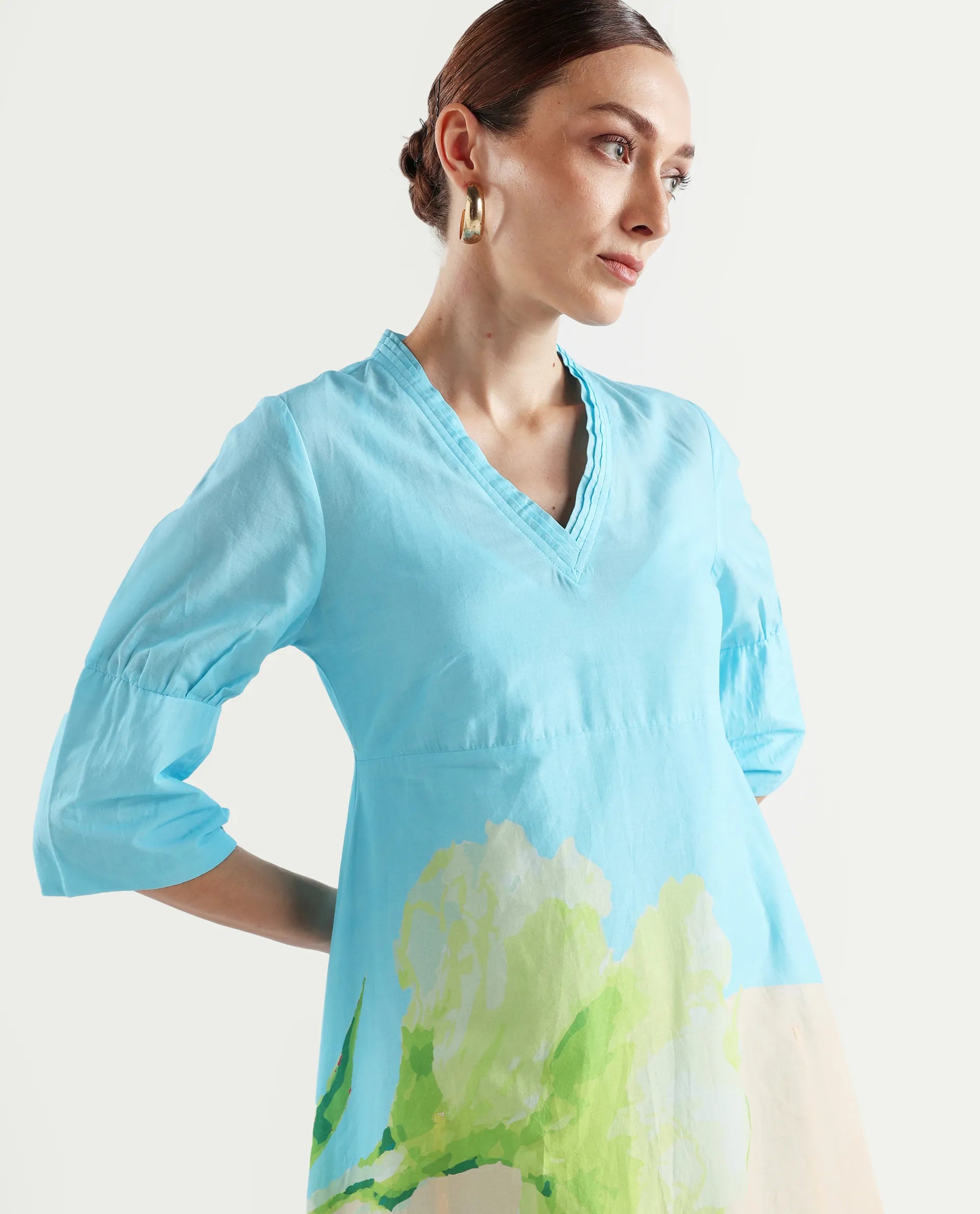 Rareism Women's Dinara Multi Cotton V-Neck Floral Print Midi A-Line Dress