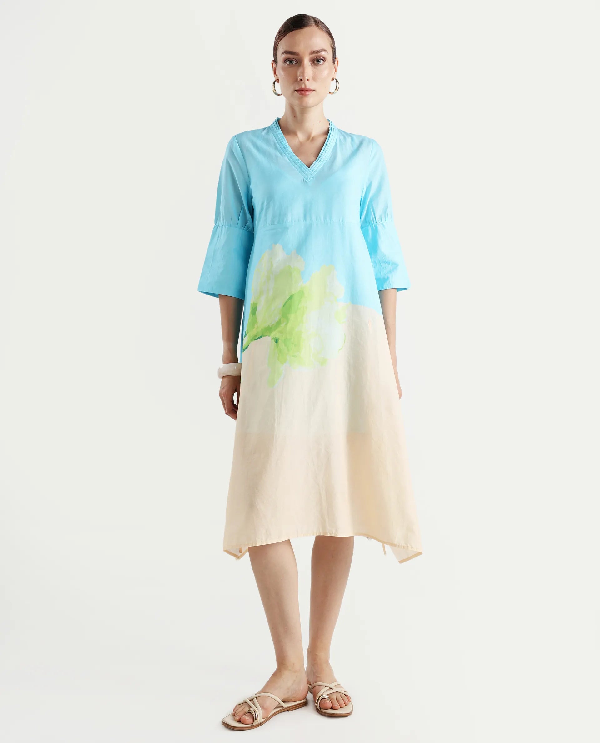 Rareism Women's Dinara Multi Cotton V-Neck Floral Print Midi A-Line Dress