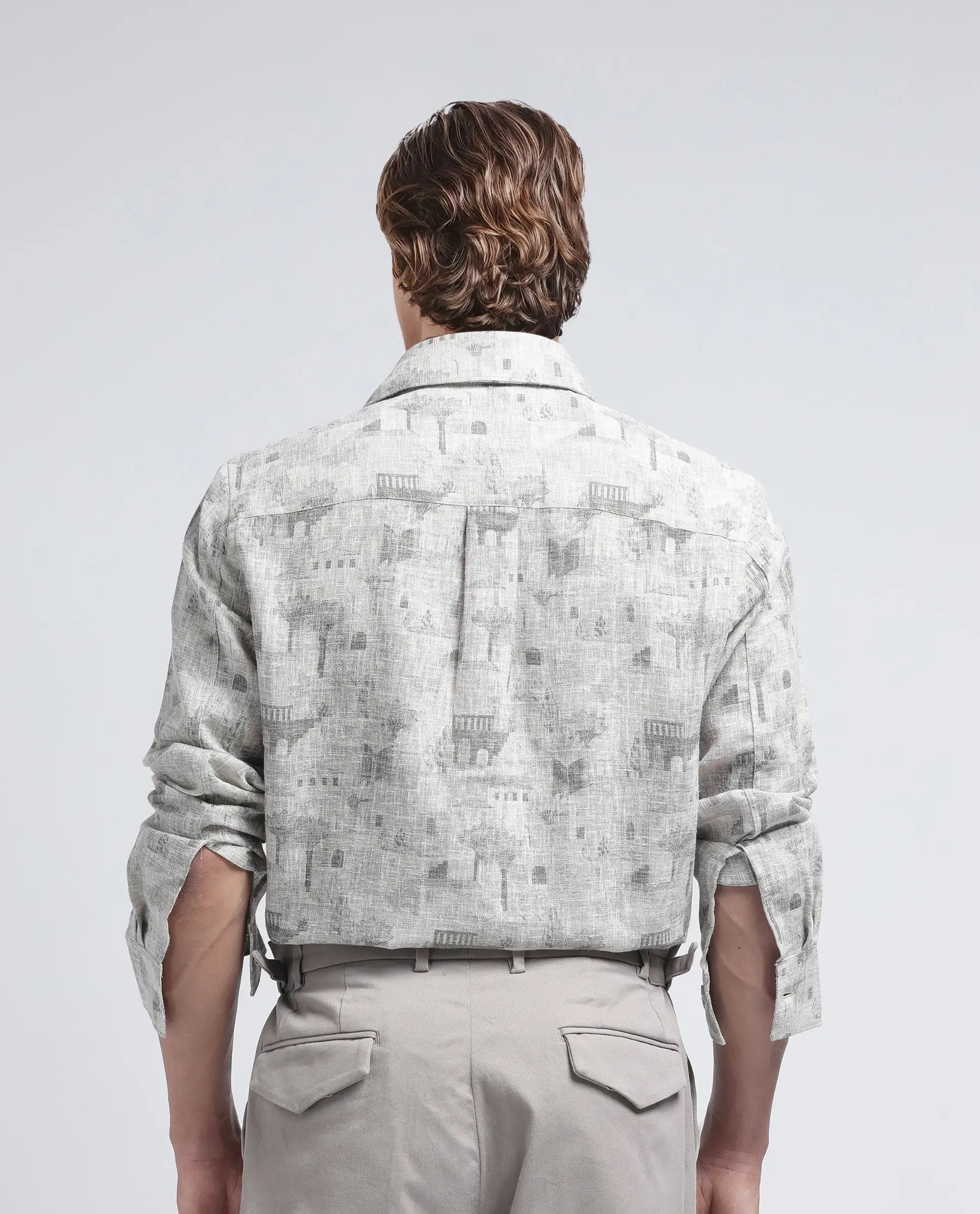 Rare Rabbit Men's Dine Khaki Cotton Fabric Full Sleeve Collared Neck Button Closure Printed Shirt