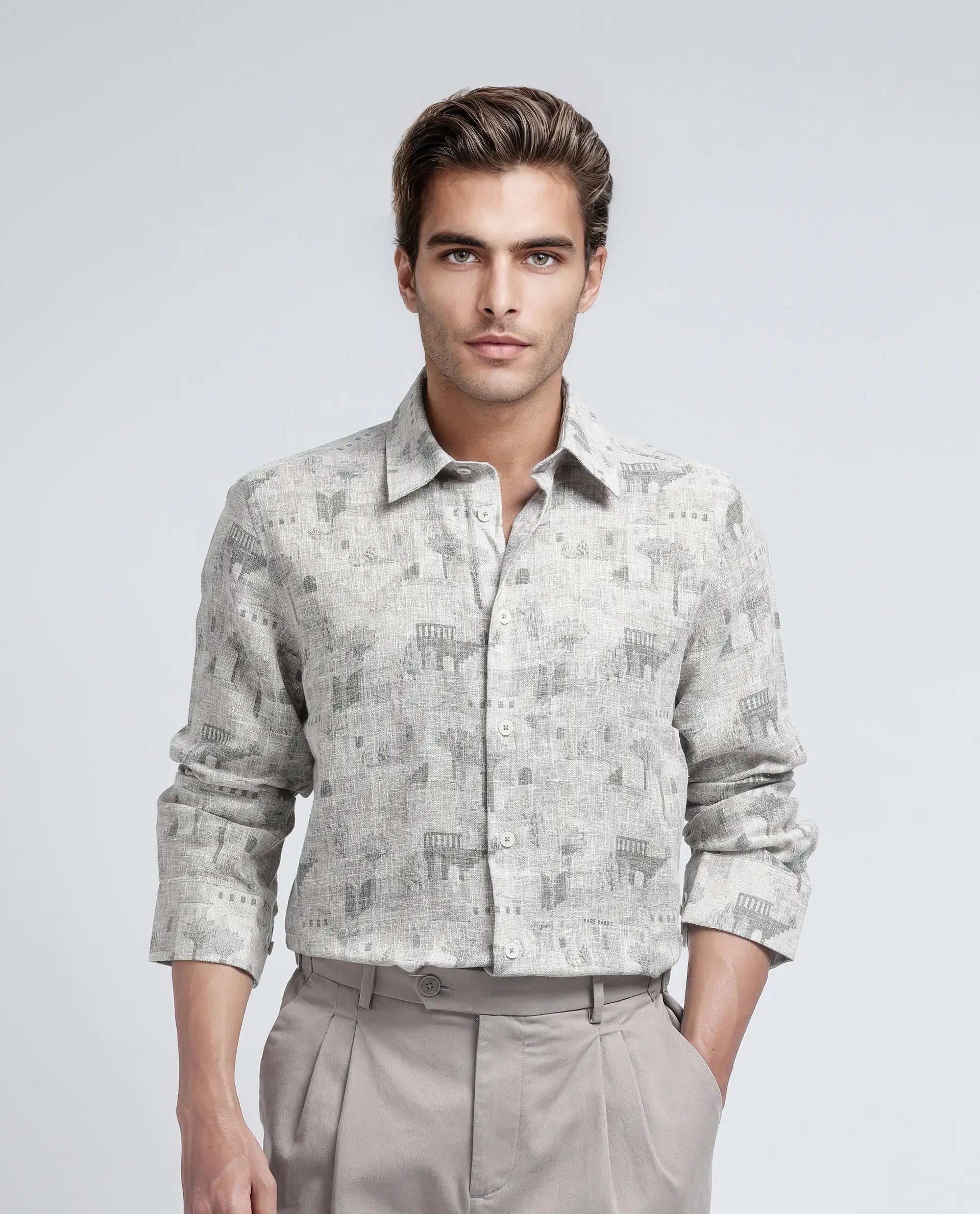 Rare Rabbit Men's Dine Khaki Cotton Fabric Full Sleeve Collared Neck Button Closure Printed Shirt