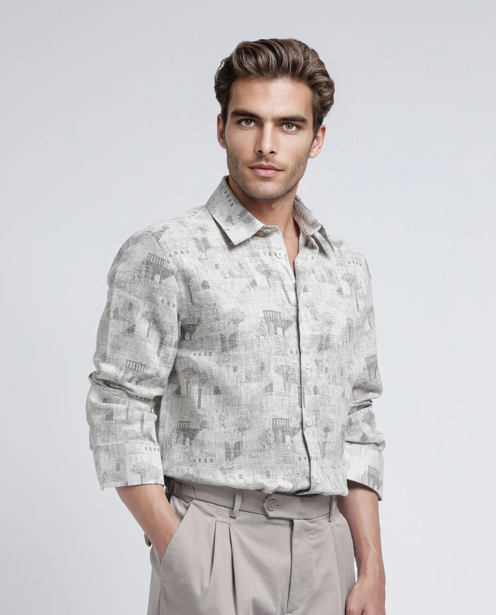 Rare Rabbit Men's Dine Khaki Cotton Fabric Full Sleeve Collared Neck Button Closure Printed Shirt