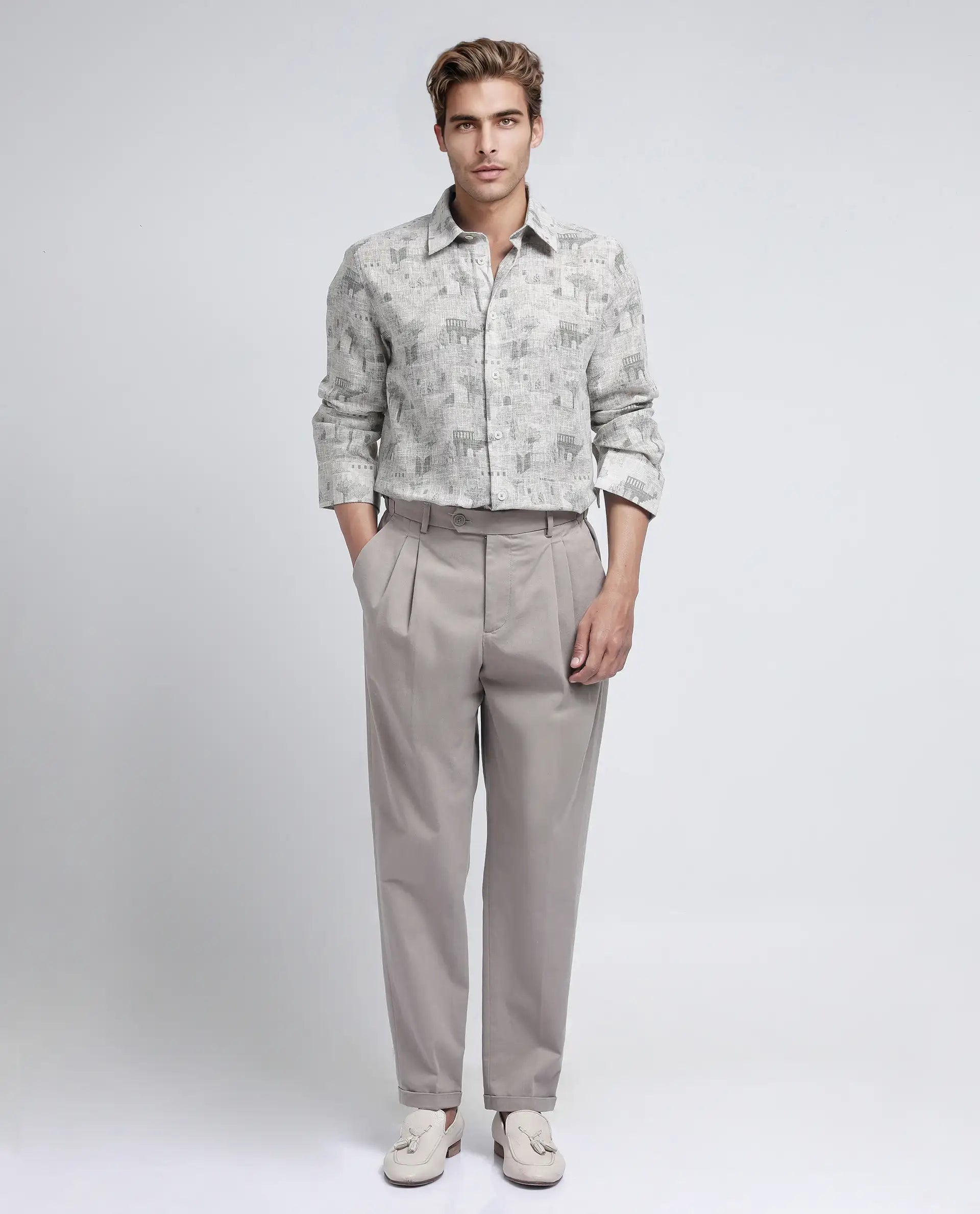 Rare Rabbit Men's Dine Khaki Cotton Fabric Full Sleeve Collared Neck Button Closure Printed Shirt