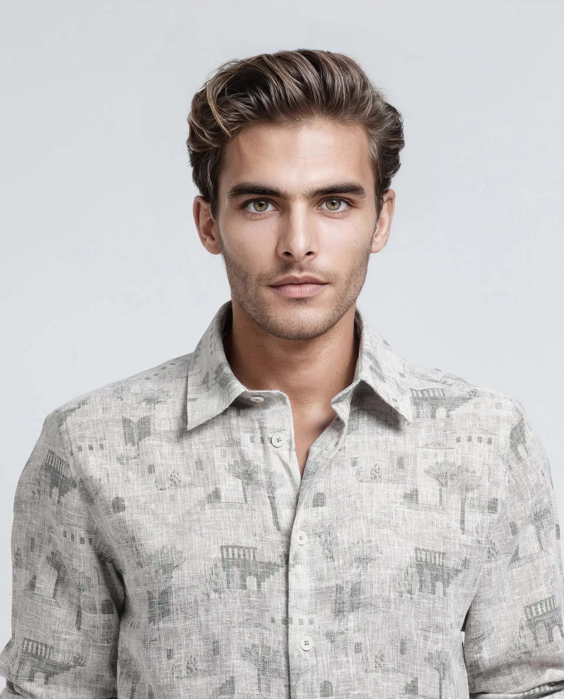 Rare Rabbit Men's Dine Khaki Cotton Fabric Full Sleeve Collared Neck Button Closure Printed Shirt