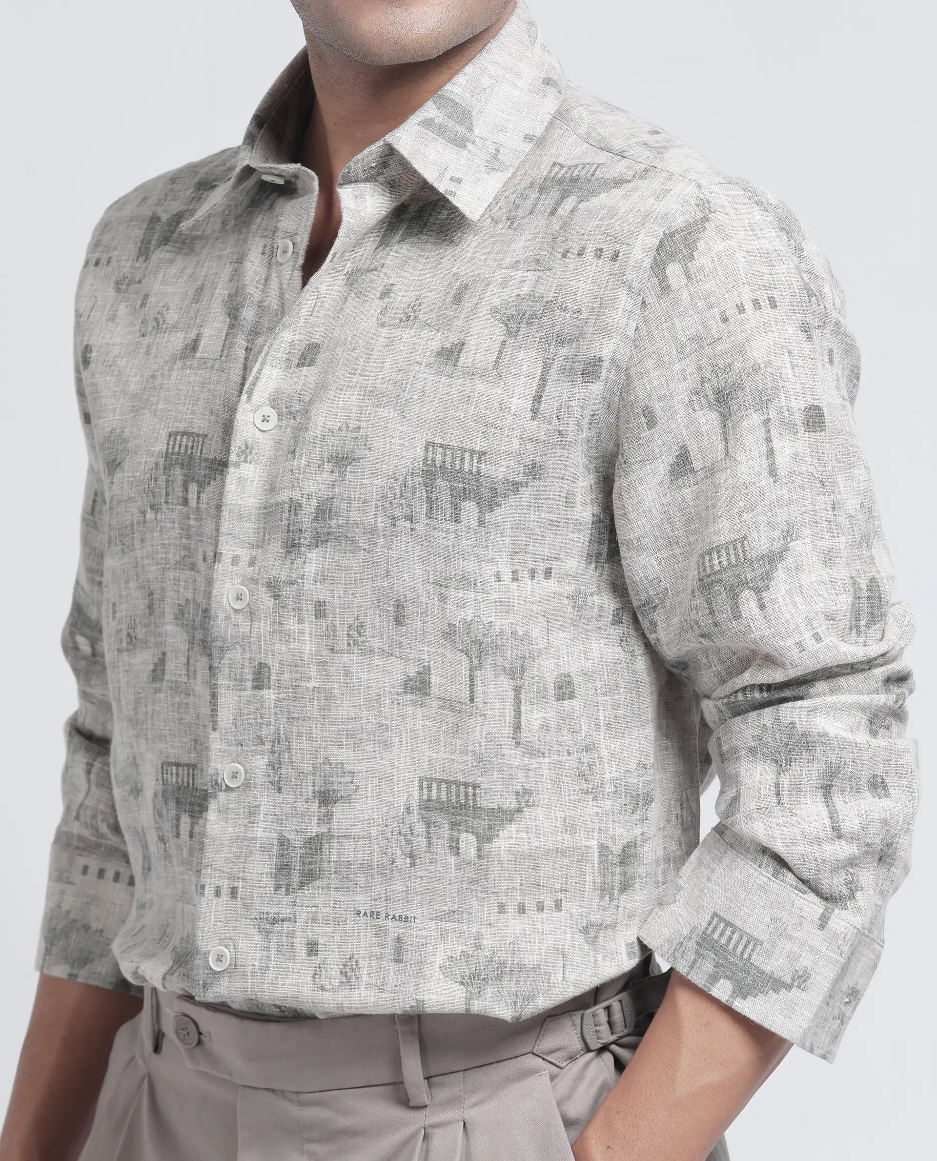 Rare Rabbit Men's Dine Khaki Cotton Fabric Full Sleeve Collared Neck Button Closure Printed Shirt