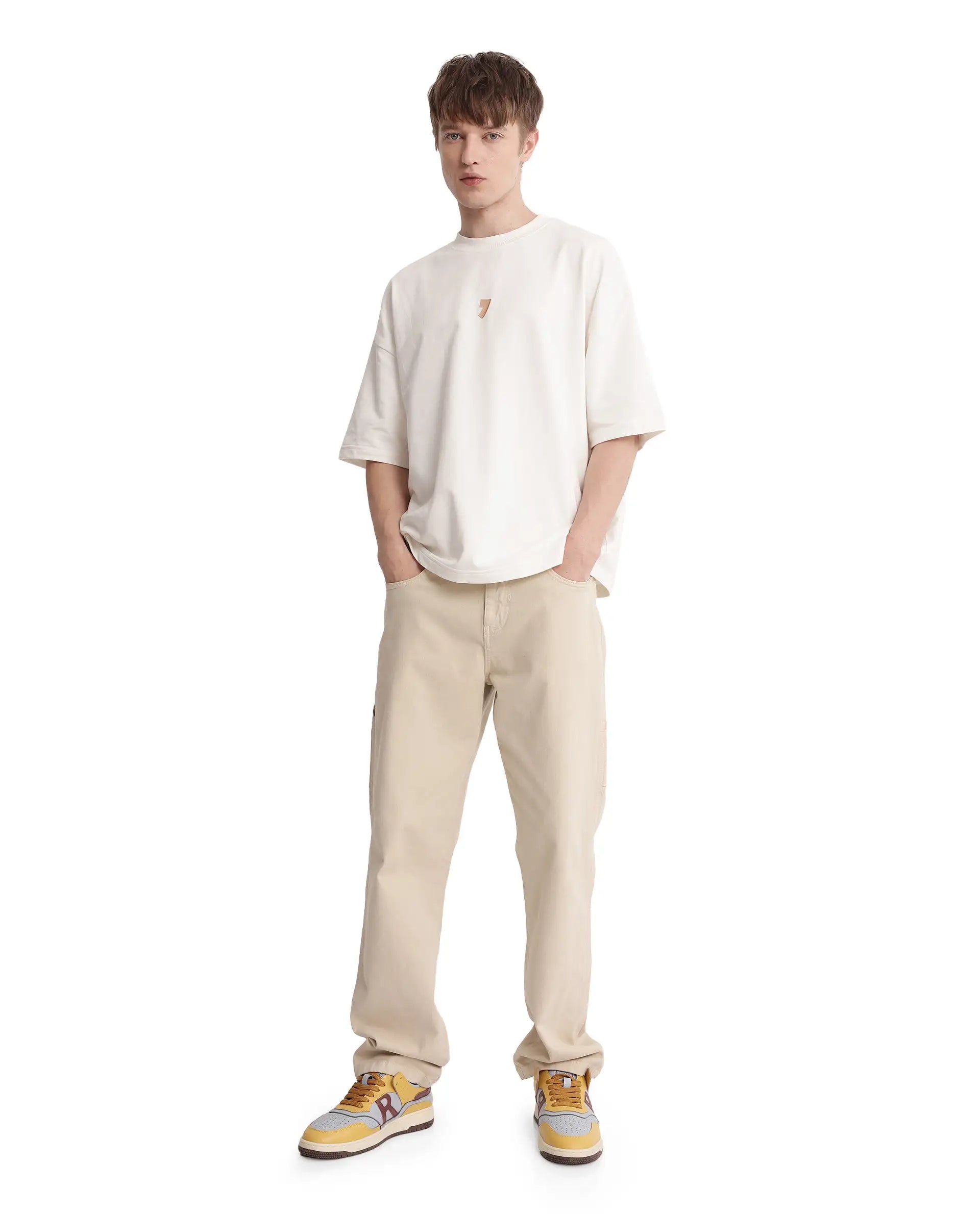 Rare Rabbit Men Diner Off White Cotton Fabric Short Sleeve Crew Neck Oversized Fit Graphic Back Print T-Shirt