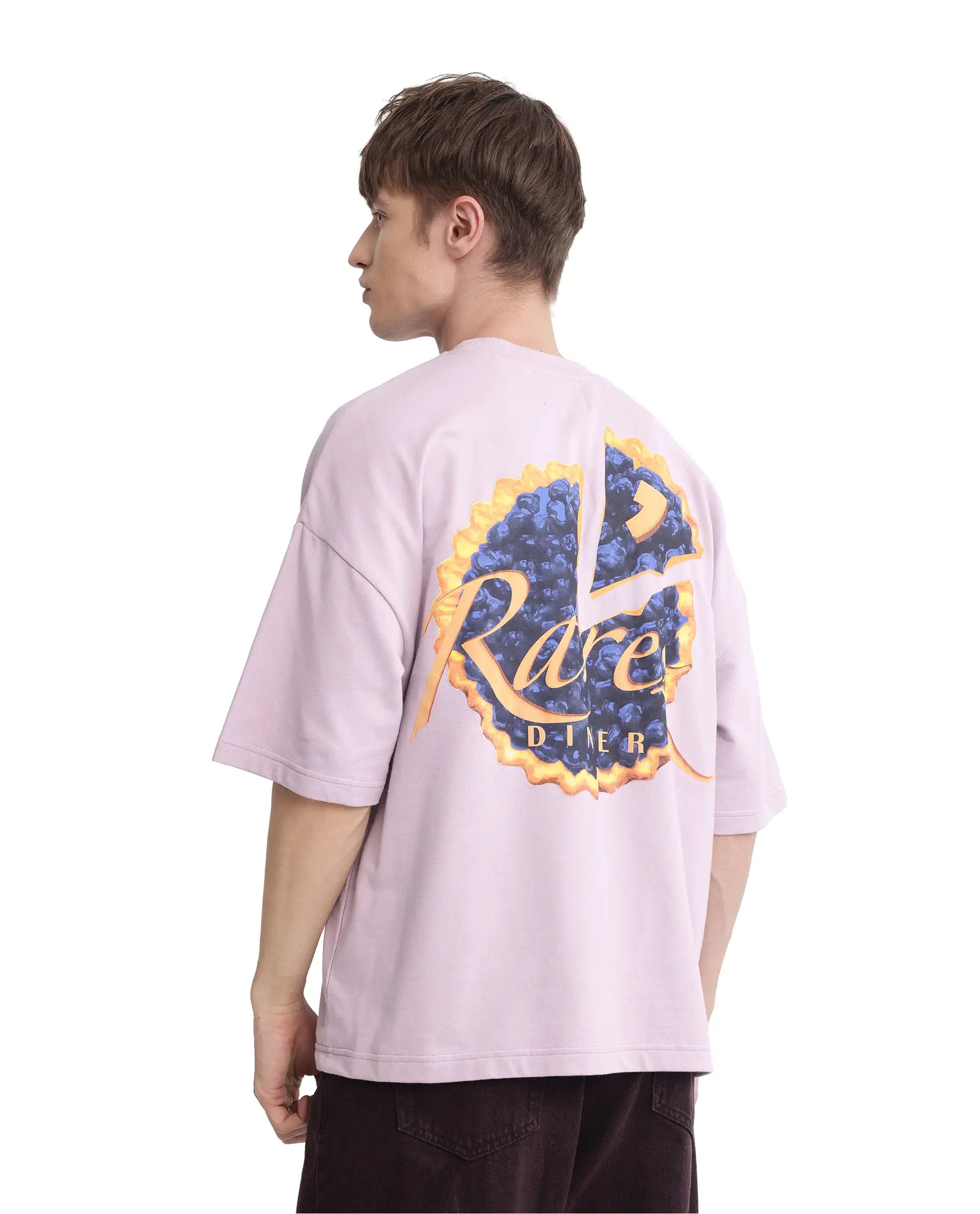 Rare Rabbit Men Diner Pastel Purple Cotton Fabric Short Sleeve Crew Neck Oversized Fit Graphic Back Print T-Shirt