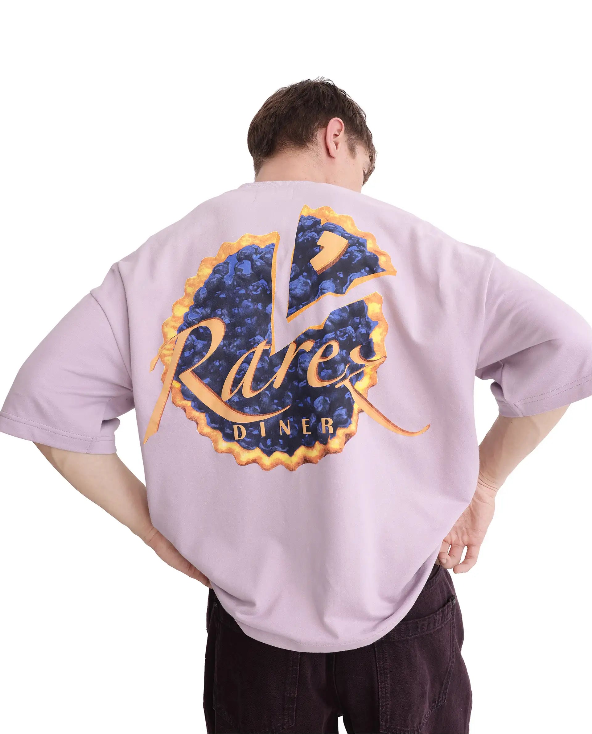 Rare Rabbit Men Diner Pastel Purple Cotton Fabric Short Sleeve Crew Neck Oversized Fit Graphic Back Print T-Shirt