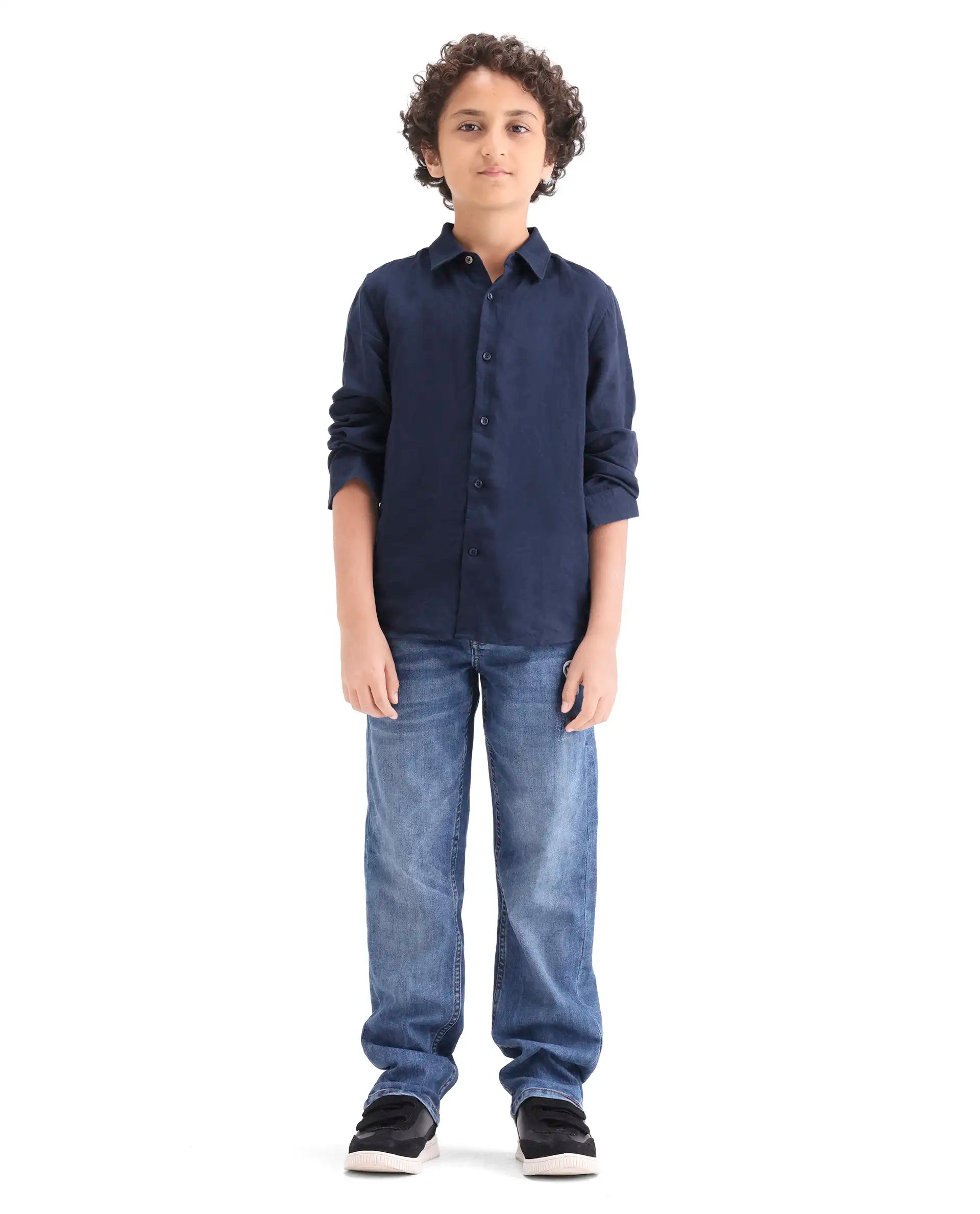 Rare Ones Kids Dino Blue Cotton Blend Fabric Zipper Closure Regular Fit Denim Pant